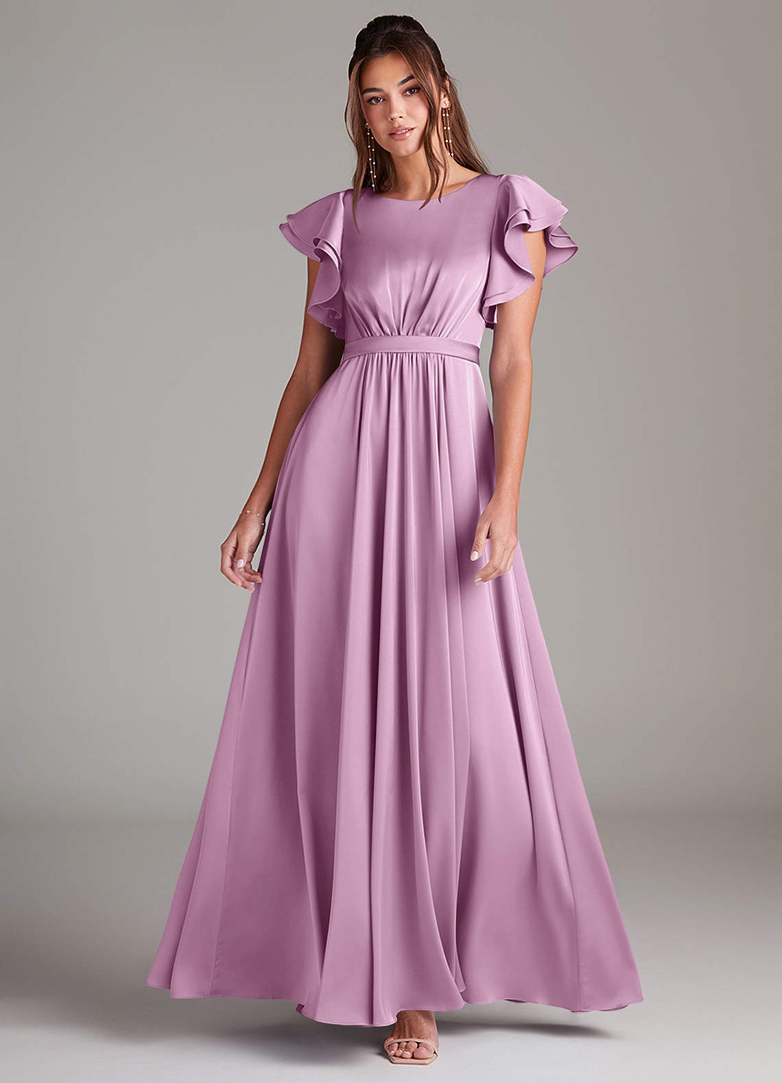 Azazie Daphne Bescheidene Brautjungfernkleider A-Linie Gestreift Stretch-Satin Bodenlänge Kleid image1