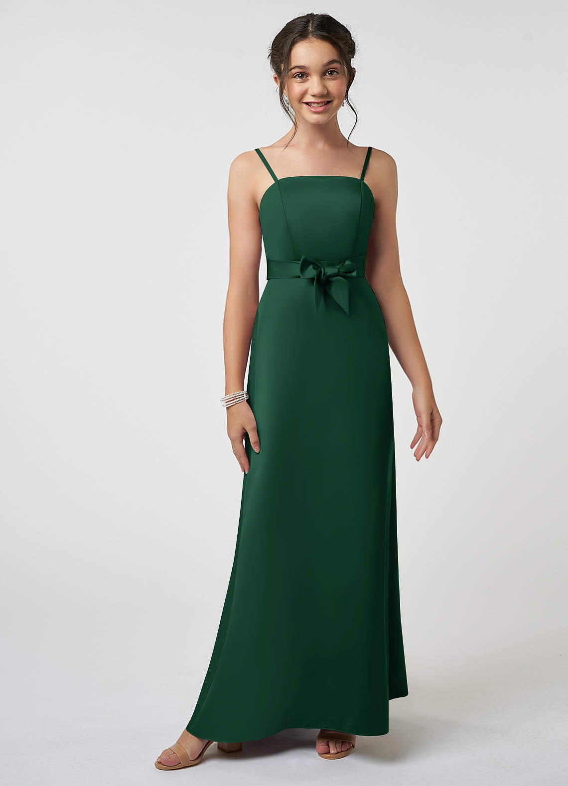 Azazie Anina Junior Robe Trapèze en Satin extensible Arc Vert Foncé image1