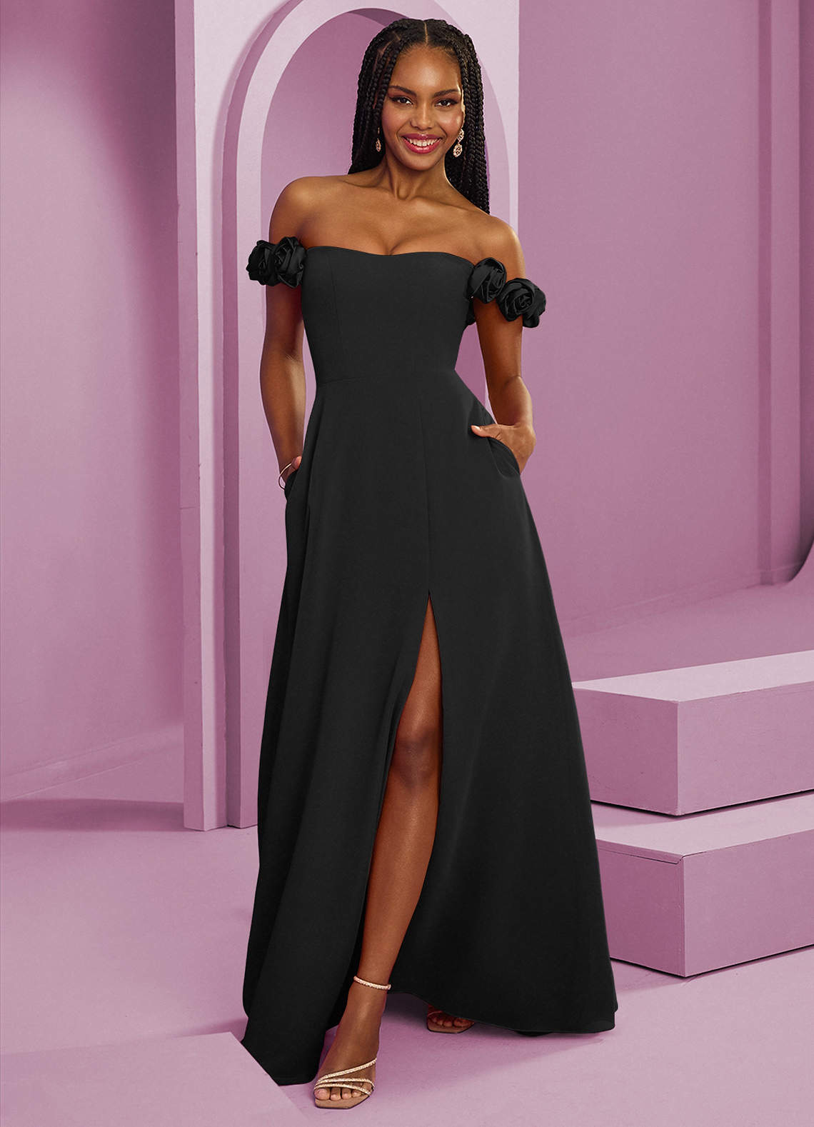 Barbie ♥ Azazie Jurken voor bruidsmeisjes Converteerbaar Jurk van Chiffon met A-Lijn Off the Shoulder Zwart image1
