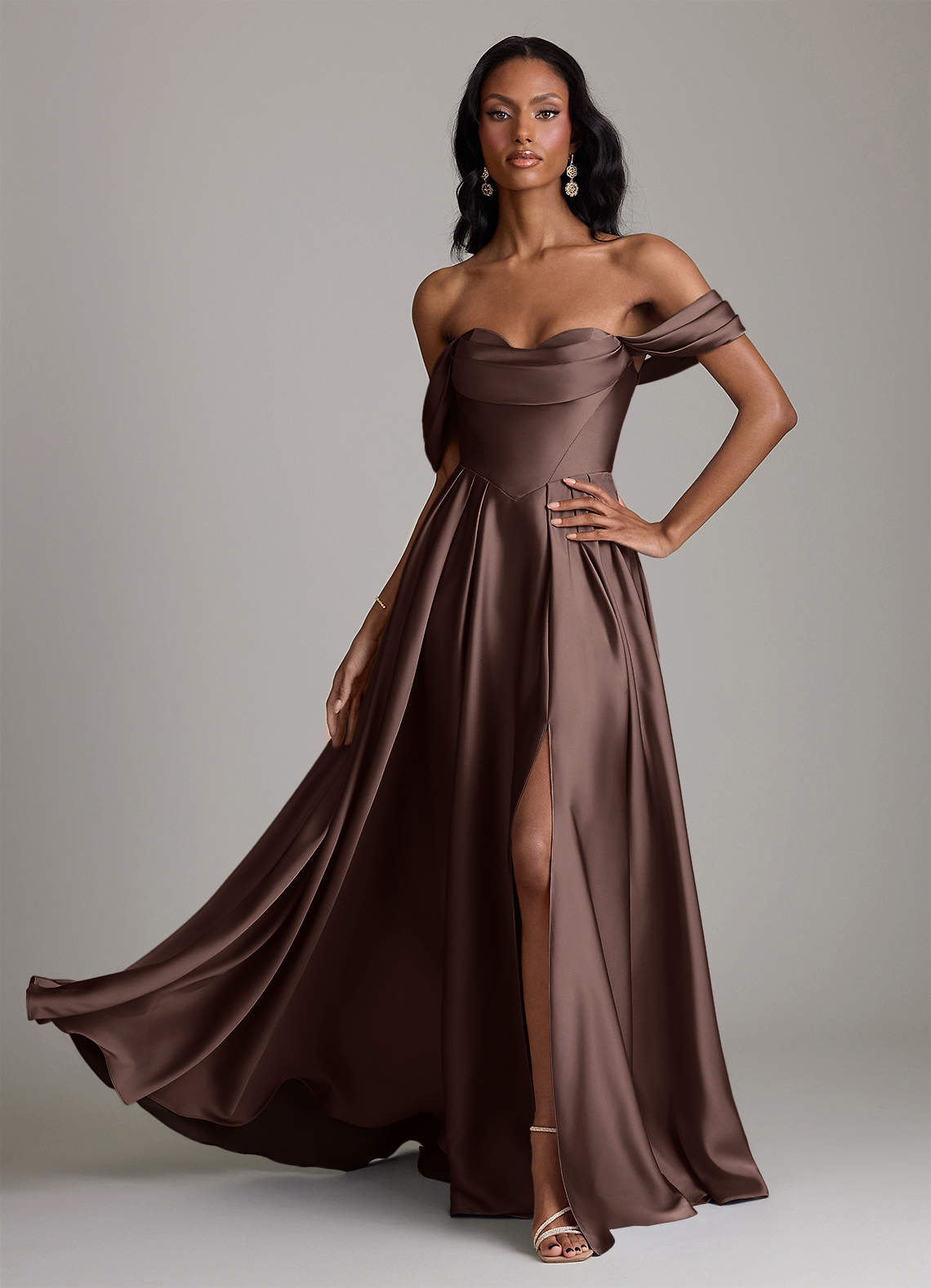 off the shoulder satin a line bridesmaid dress Satin Off Shoulder High Slit Bridesmaid Dress Powder / 16