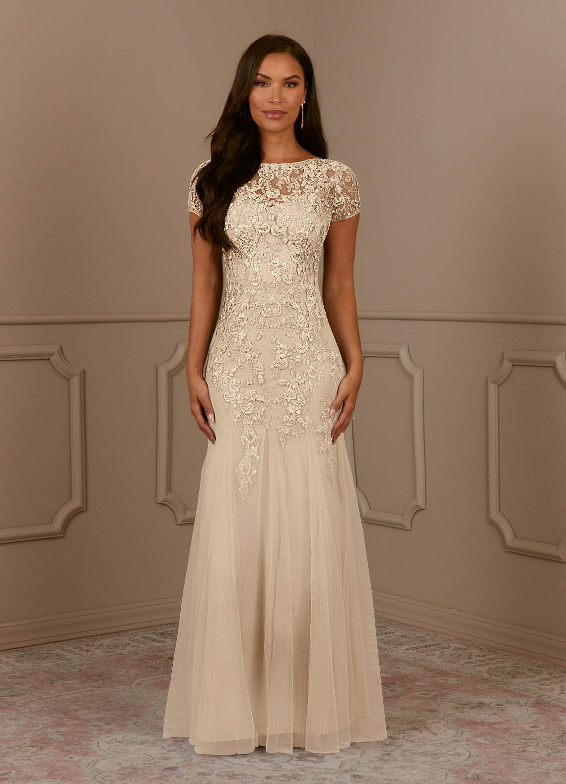 Azazie Laurie Champagne Mermaid Scoop Sequins Tulle Dress | Azazie