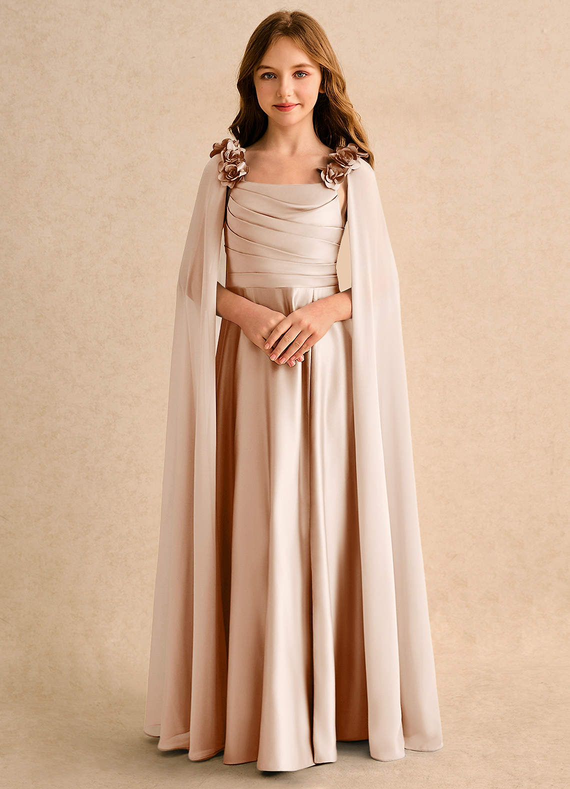 Azazie Rosita Girls Formal Robe Demoiselle D'honneur Fillette Robe Trapèze en Mat Satiné Plissée Rose Anglais image4