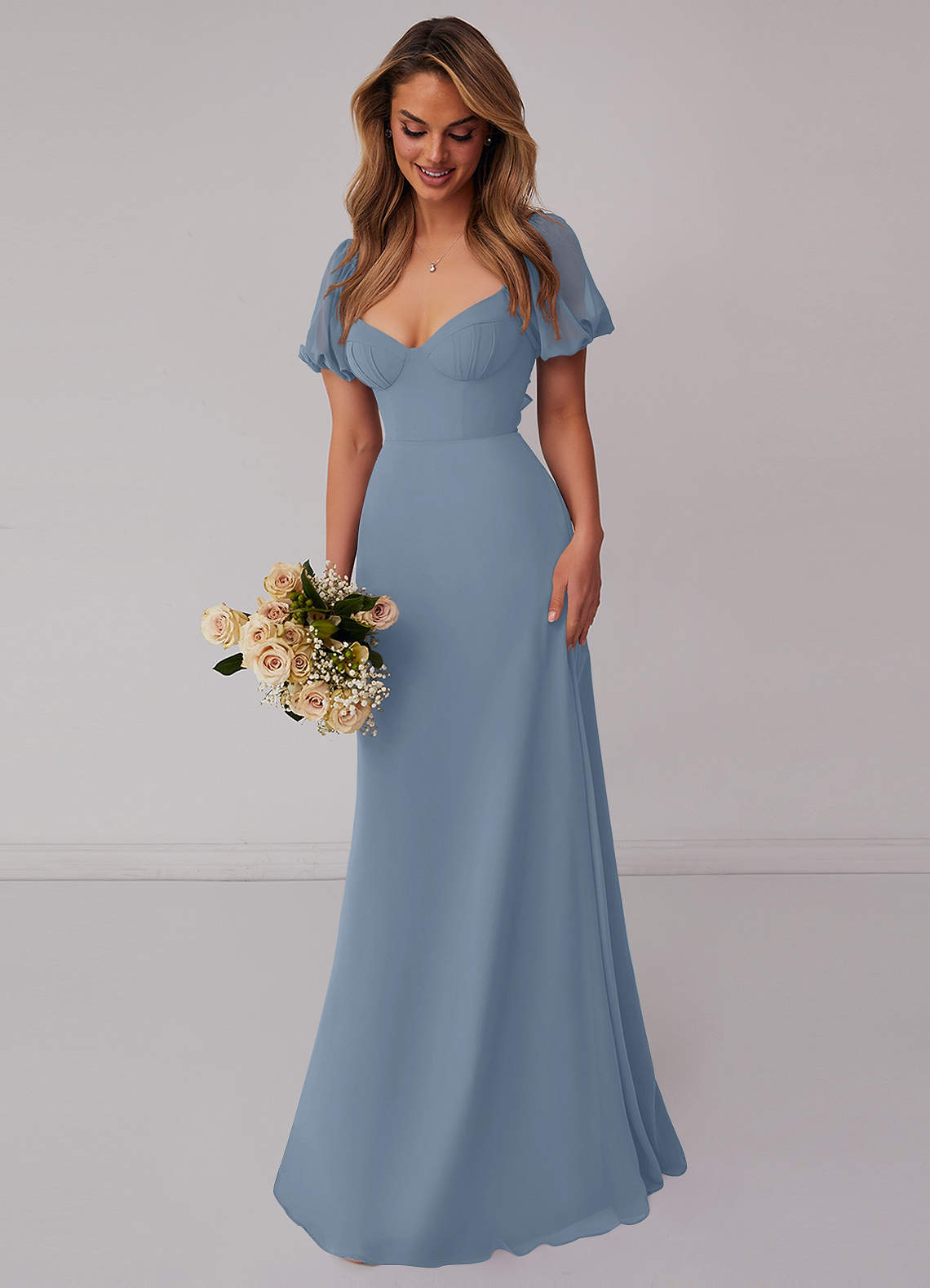 Modest Steel Blue Chiffon A-Line V-Neck V-Back Ankle-Length Bridesmaid Dress main image 1