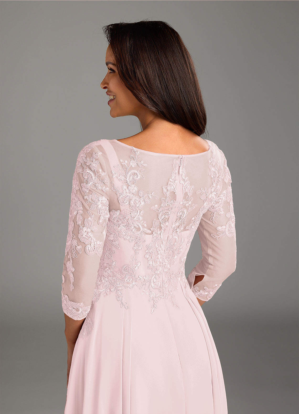 Azazie Marge Mother of the Bride Dresses Blushing Pink A-Line Scoop Lace Chiffon Dress image3