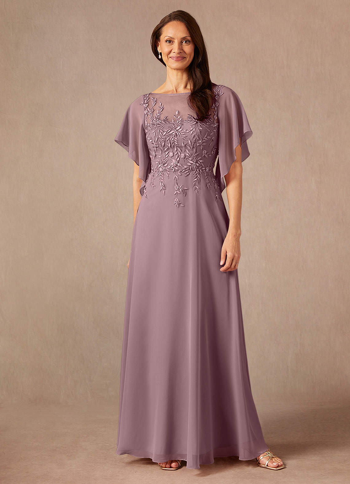 Azazie Faviola Abiti per la Madre della Sposa Abito A-Line in Chiffon con Scollo a Barca e Paillettes Rosa Polverosa image1