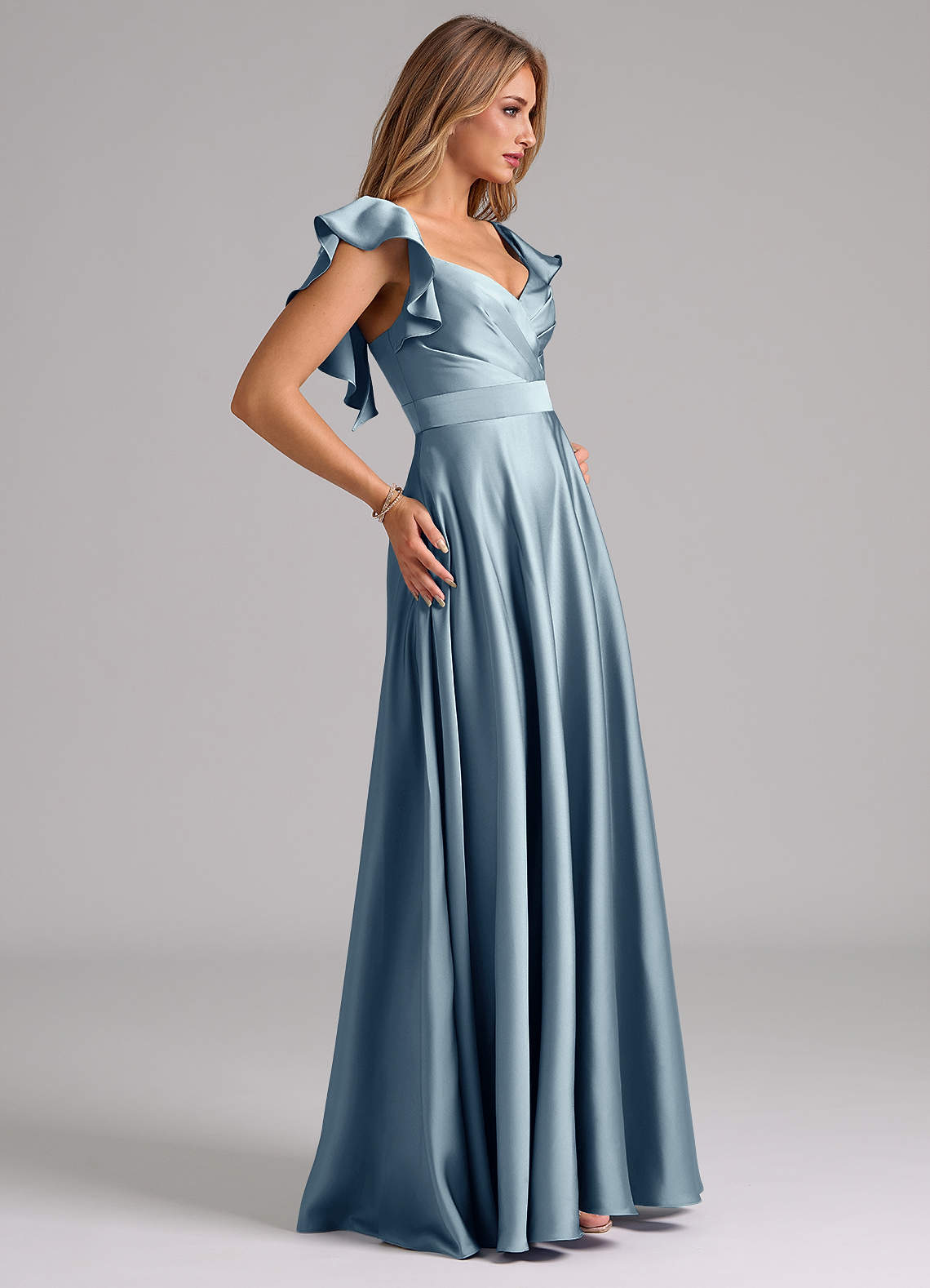 Azazie Leilani Bridesmaid Dresses Dusty Blue A-Line Ruched Stretch Satin Dress image5