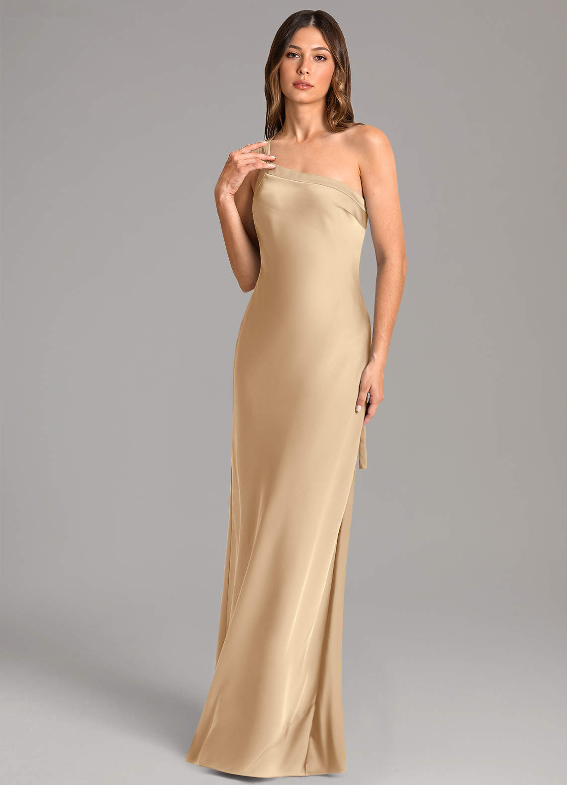 Azazie Monroe Jurken voor bruidsmeisjes Jurk van Stretch Satijn met Zeemeermin One-Shoulder Champagne image1