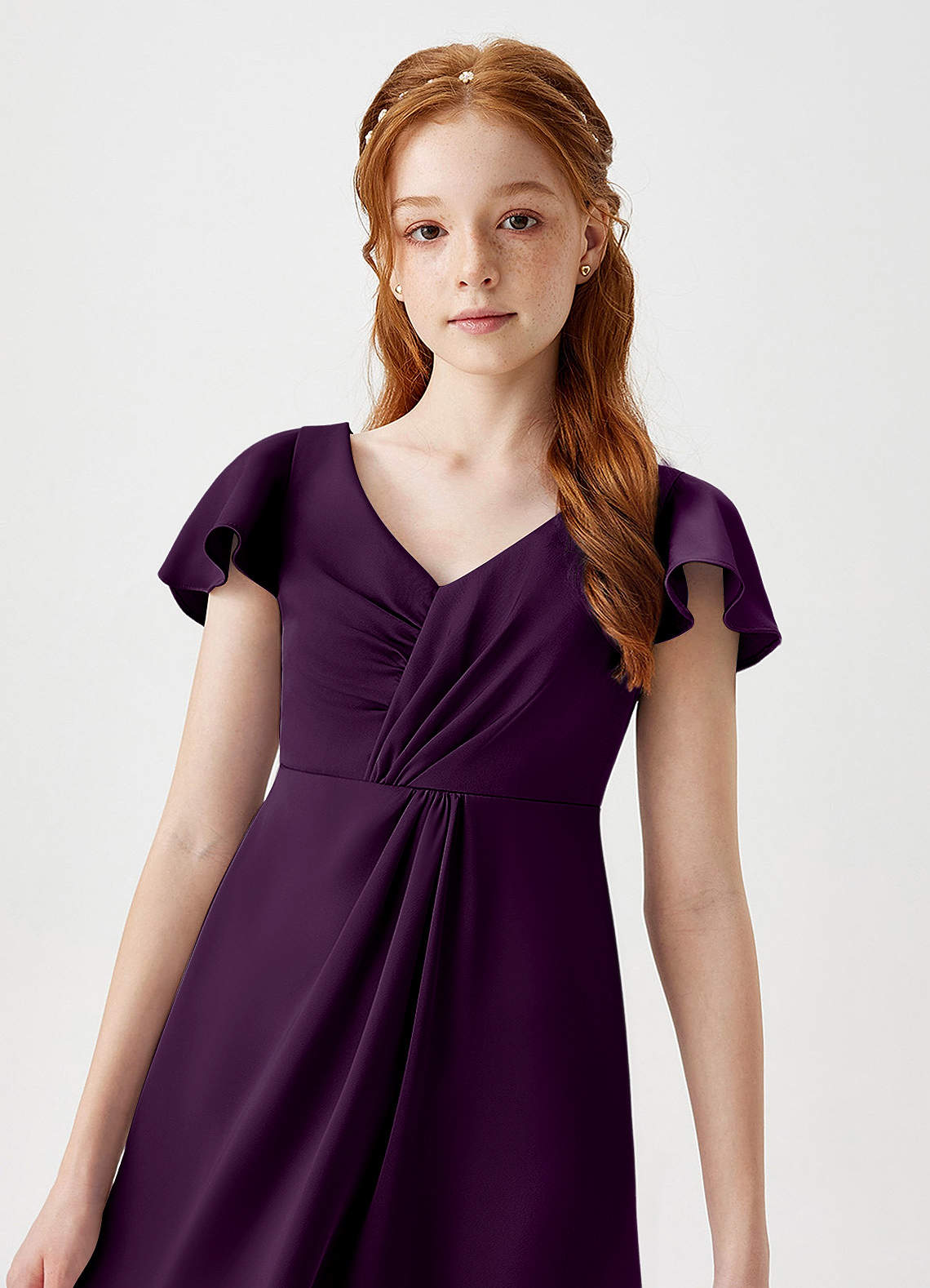 Azazie Soren Junior Abito A-Line in Raso Elasticizzato Increspato Uva image1