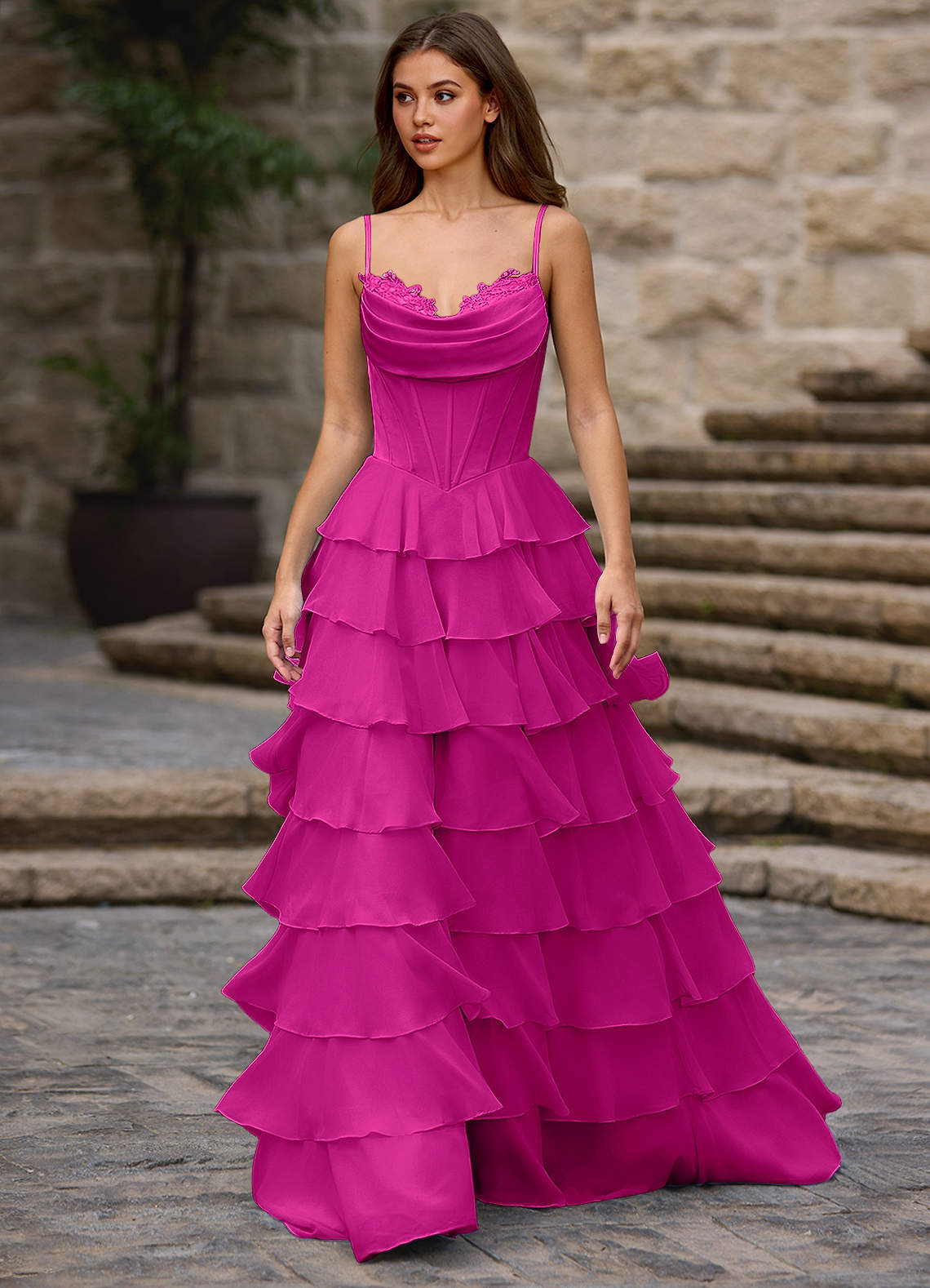 hot pink and purple bridesmaid dresses Azazie A-Line Floor-Length Birthday Dress Ruffles Corset Lace Leg Slit Chiffon Lace Satin Cowl 38926