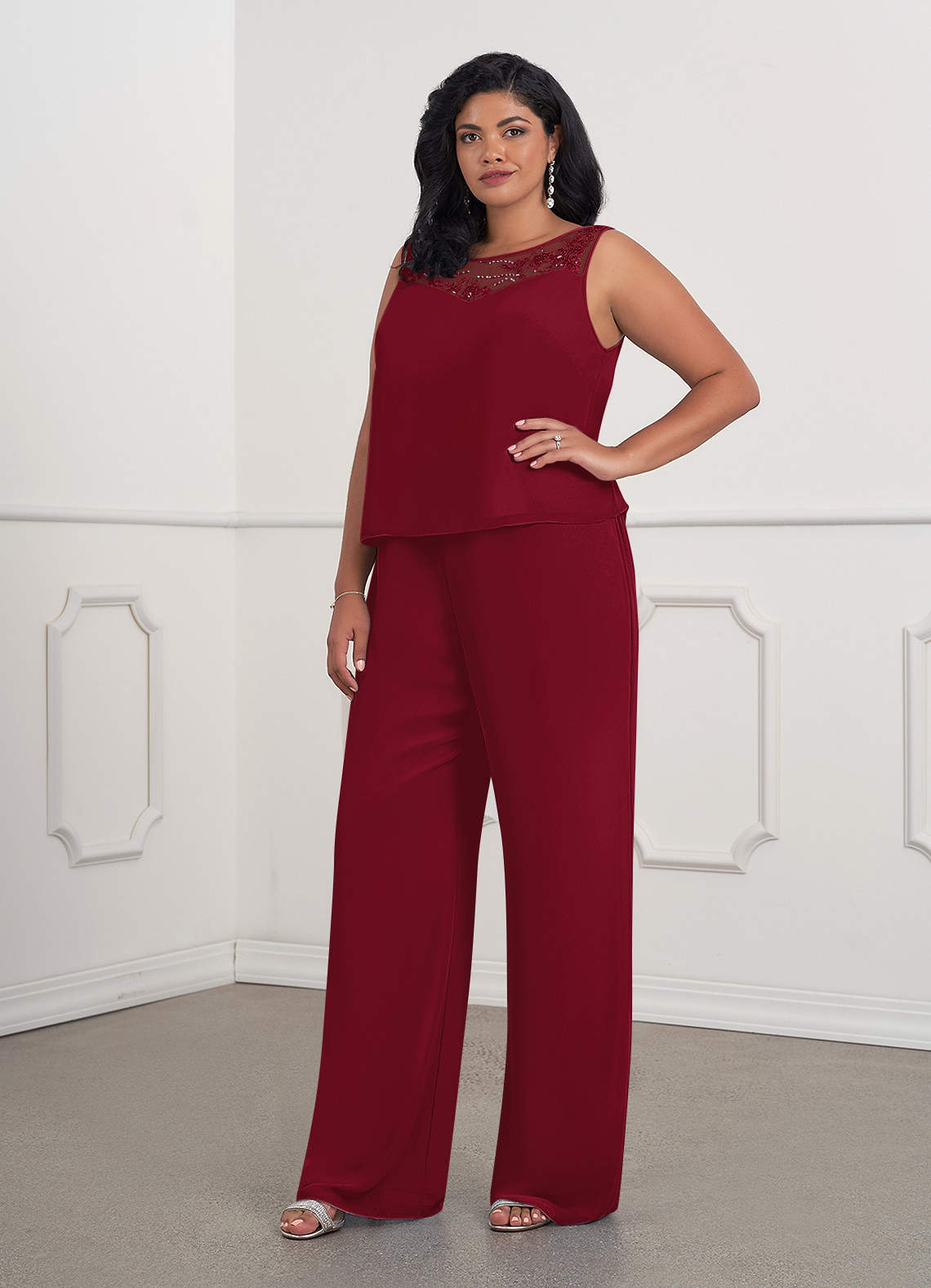 Azazie Maura Mother of the Bride Dresses Burgundy Jumpsuit/Pantsuit Sequins Chiffon Dress image9