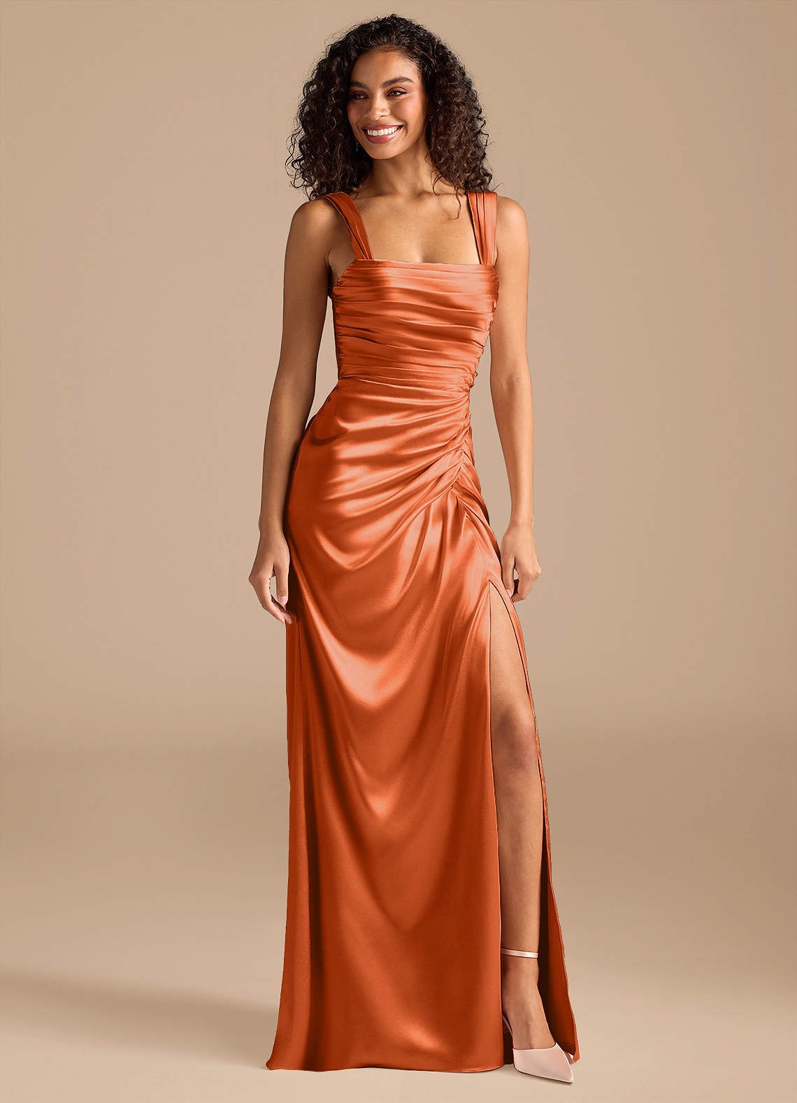 Azazie Jesaphine Bridesmaid Dresses Burnt Orange Sheath Bow Metallic Satin Dress image1