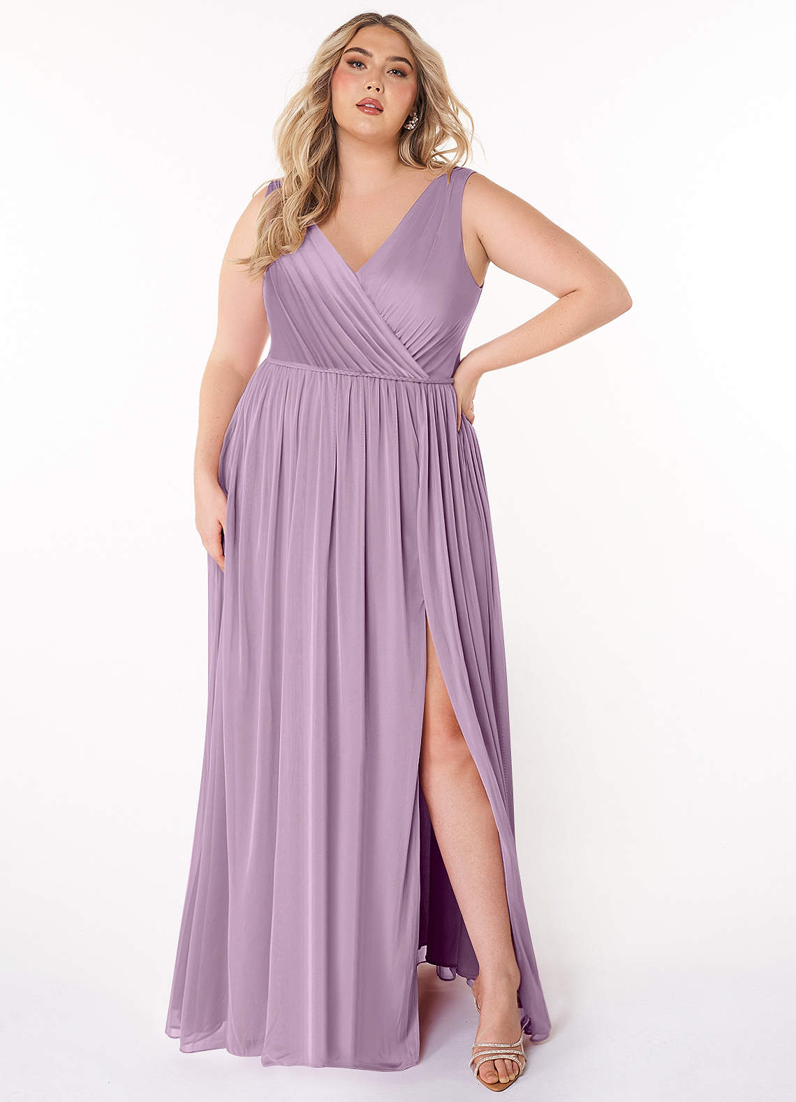 Azazie Tanicia Brautjungfernkleider A-Linie V-Hals Gefaltet Gittergewebe Kleid Blauregen image1