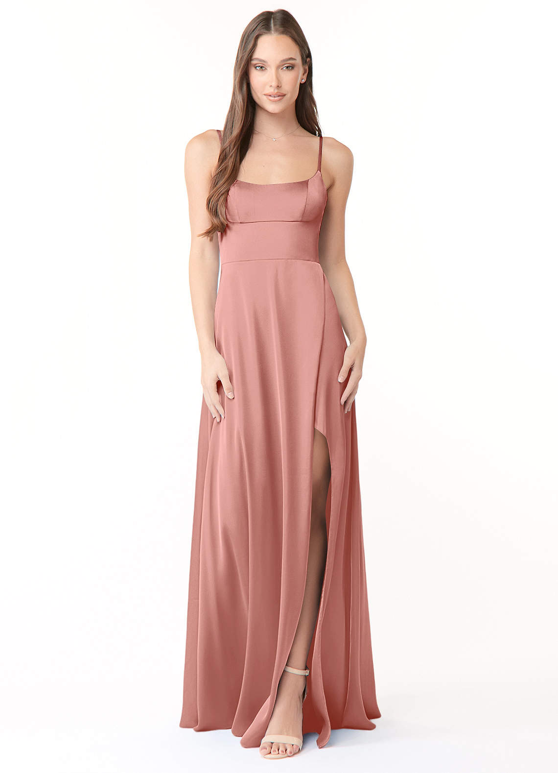 Azazie Halsey Bridesmaid Dresses Rosette Sheath Side Slit Stretch Satin Dress image1
