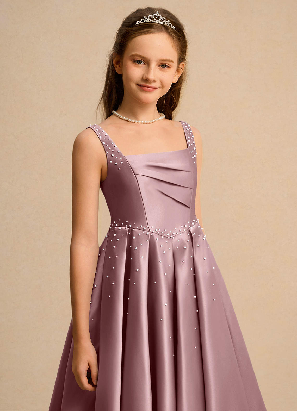 Azazie Ball-Gown Square Neck Ankle-Length Matte Satin Flower Girl Dresses - Dusty Rose