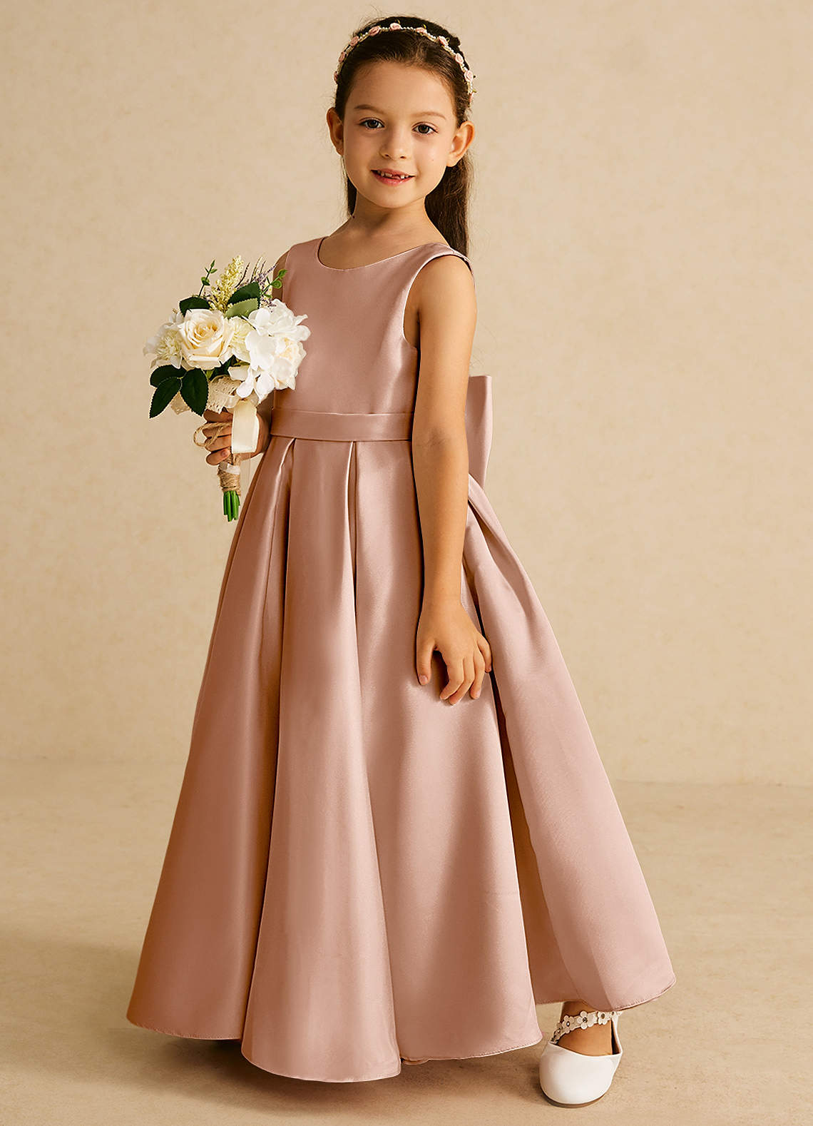 Azazie Pipsy Flower Girl Dresses Champagne Rose A-Line Bow Matte Satin Dress image1