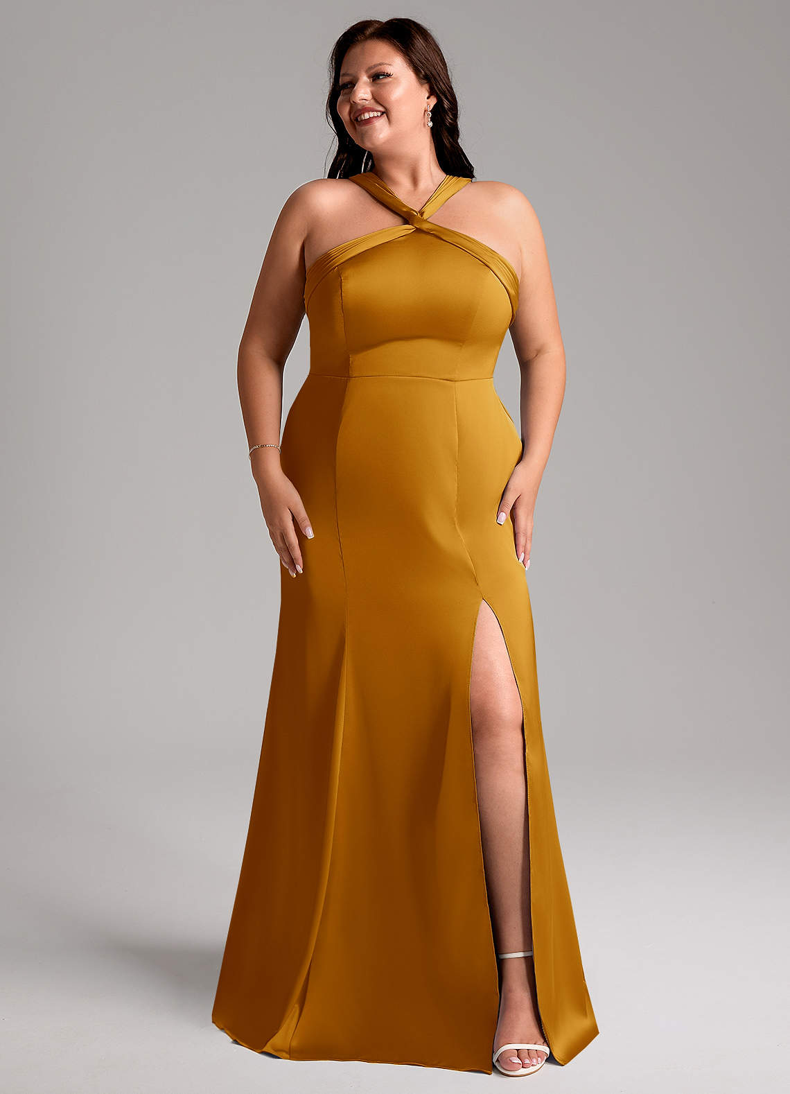 Azazie Rue Bridesmaid Dresses Butterscotch Mermaid Pleated Stretch Satin Dress image9