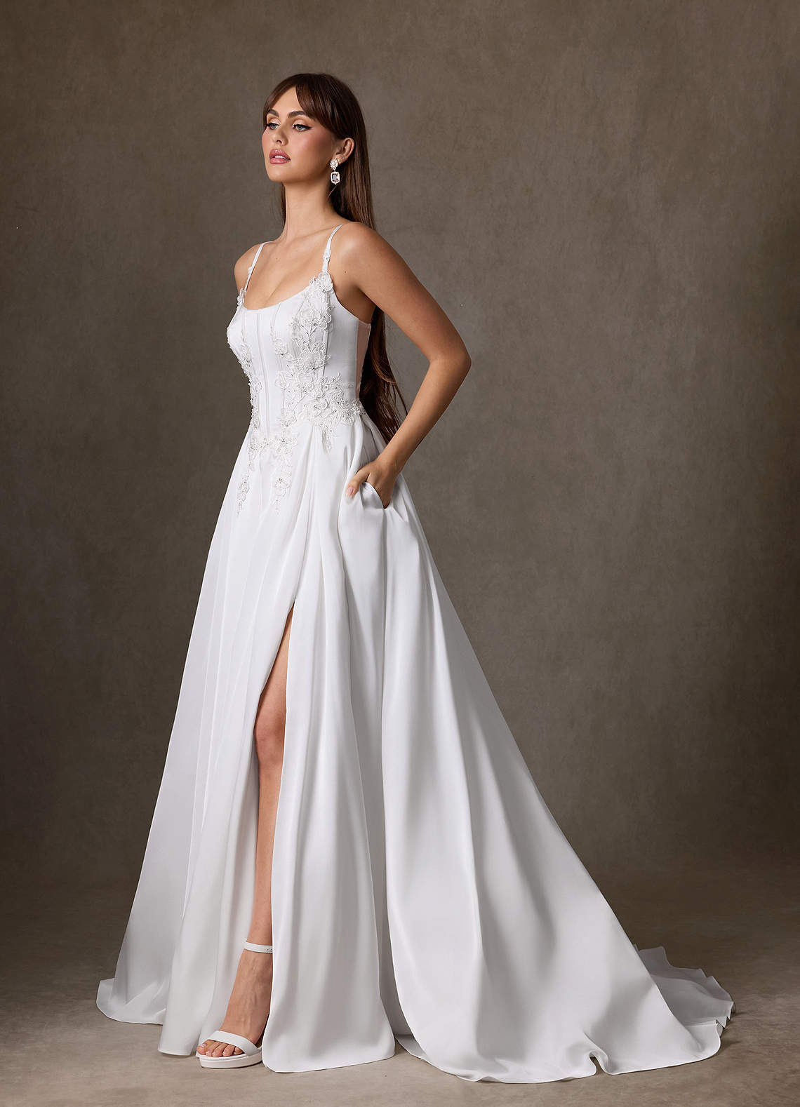 Azazie Sariah Diamond White A-Line Lace Stretch Satin Dress | Azazie Azazie Sariah Diamond White A-Line Lace Stretch Satin Dress | Azazie