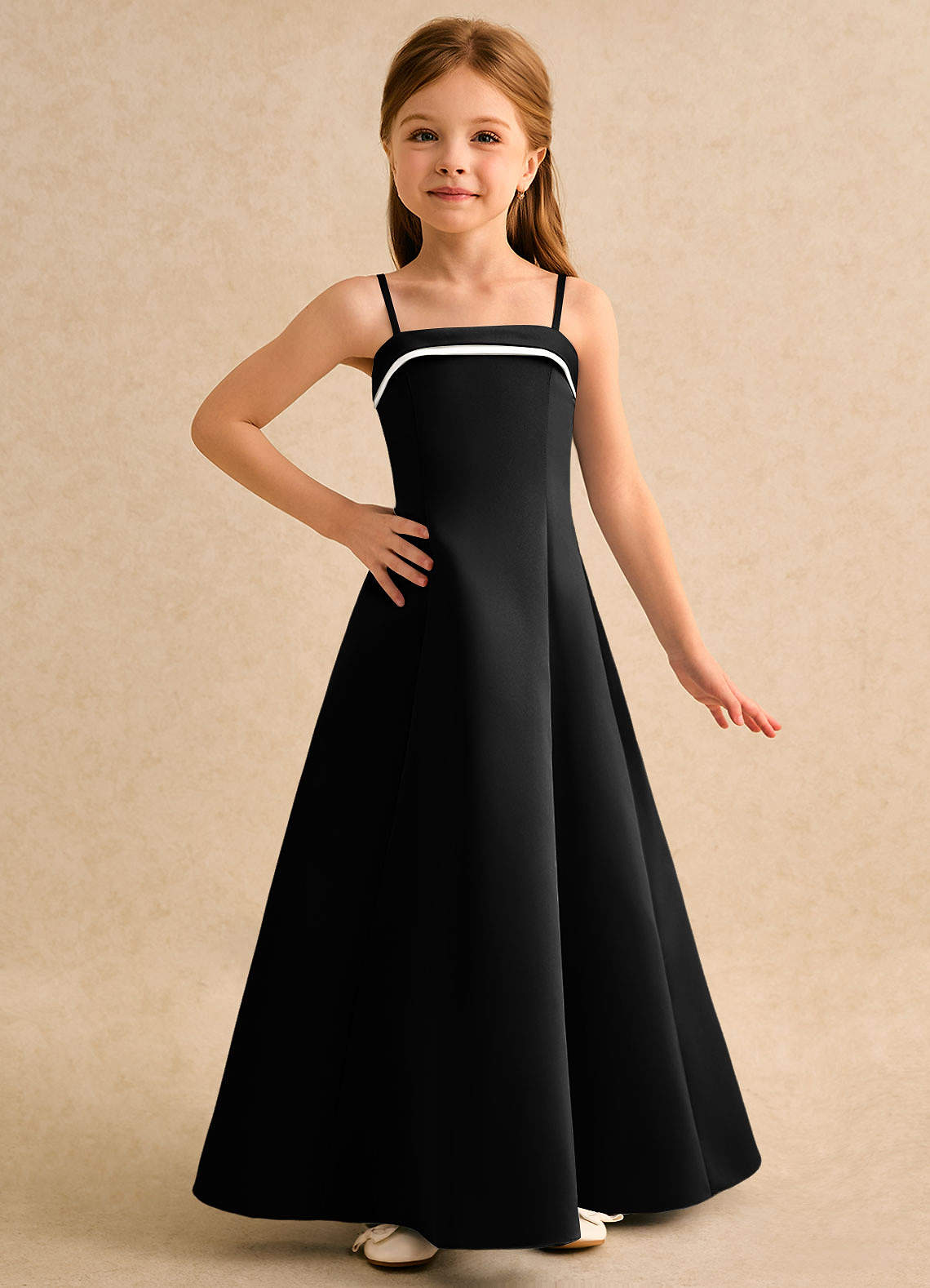 Azazie Izel Junior Formal Flower Girl Dresses Ivory Black A-Line Pleated Matte Satin Dress image4