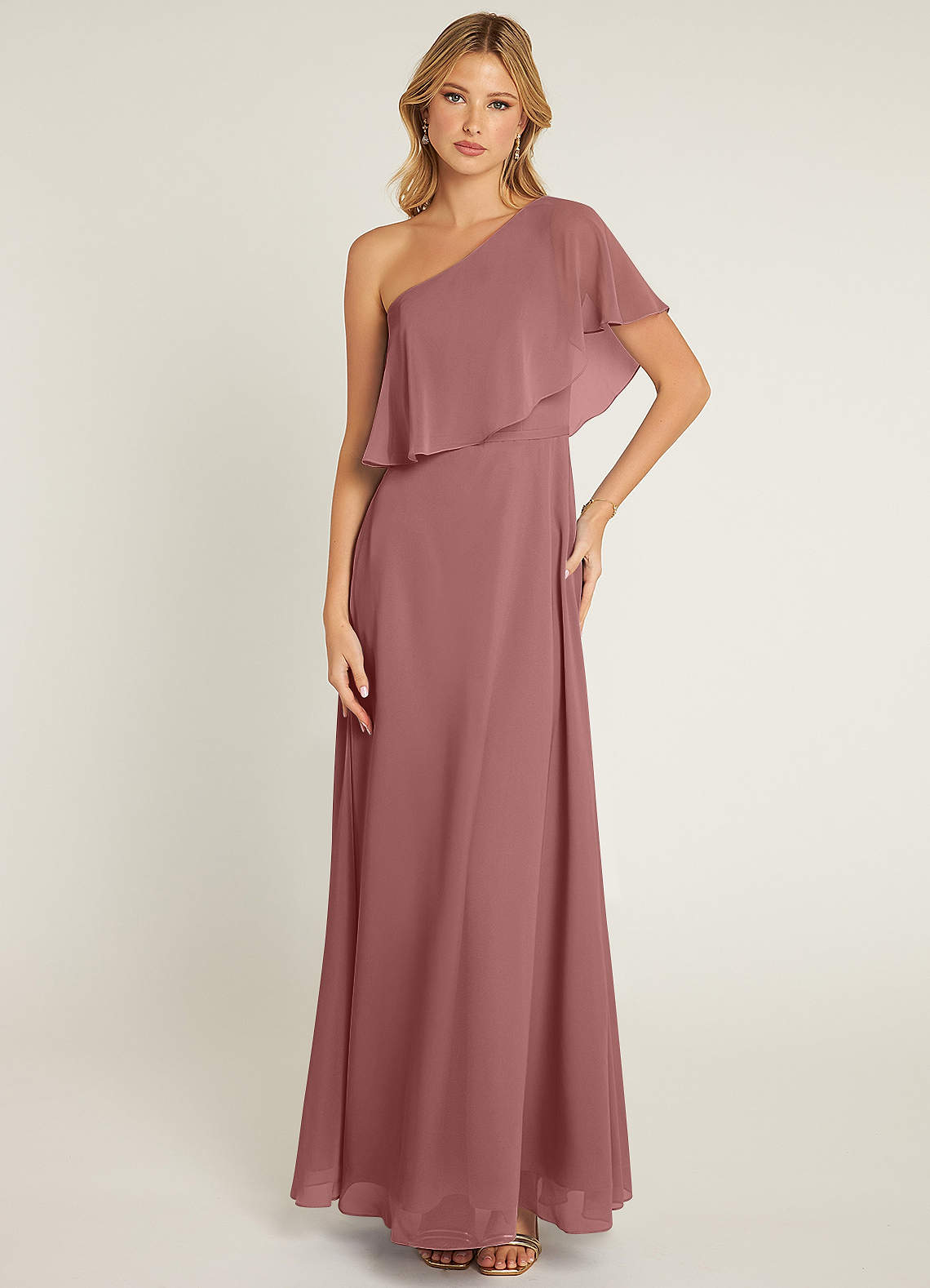 Azazie Lizzy Bridesmaid Dresses Desert Rose A-Line One Shoulder Chiffon Dress image1