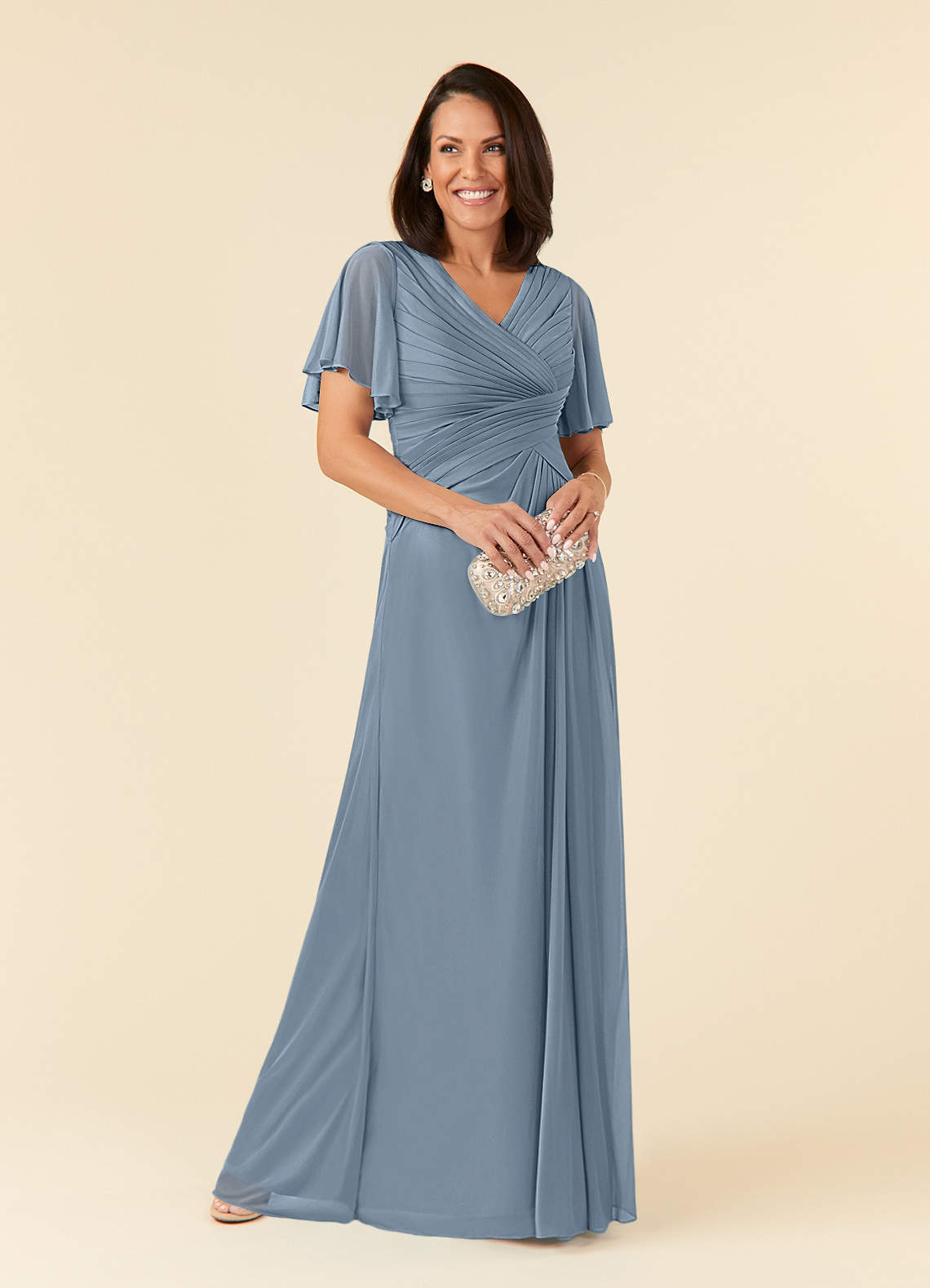 Azazie Emmeline Mother of the Bride Dresses Dusty Blue A-Line V-Neck Pleated Mesh Dress image1