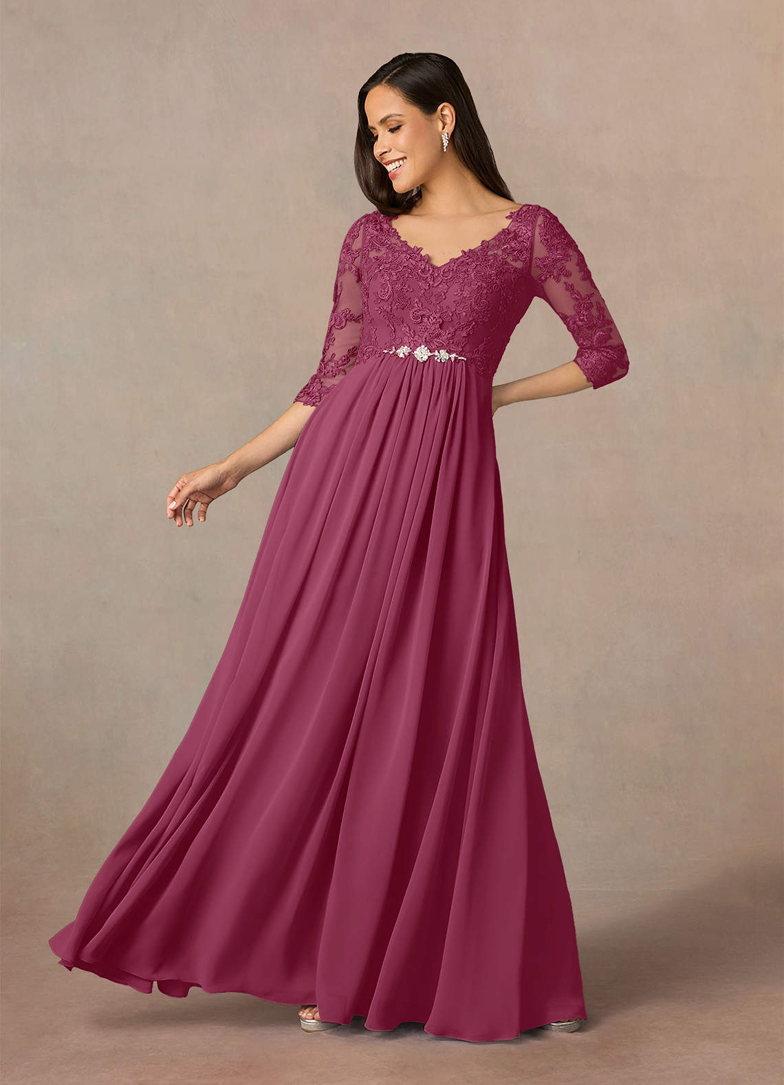 Azazie Hayek Mother of the Bride Dresses Mulberry A-Line V-Neck Lace Chiffon Dress image1