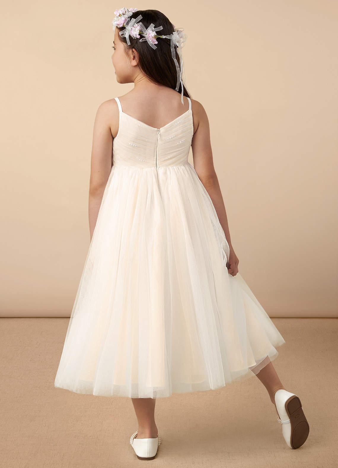 Azazie Amya Flower Girl Dresses Diamond White Champagne A-Line Pleated Tulle Dress image3