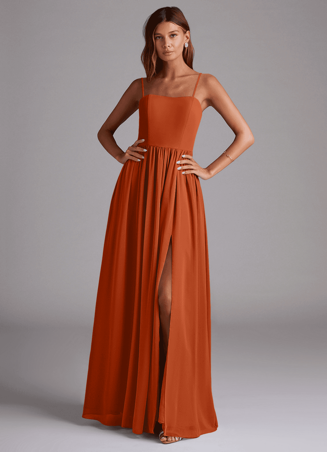 Azazie Calianna Vestidos de damas de honor Vestido de Naranja Quemada de Gasa de Corte en A Convertible con Vestidos sin tirantes image1