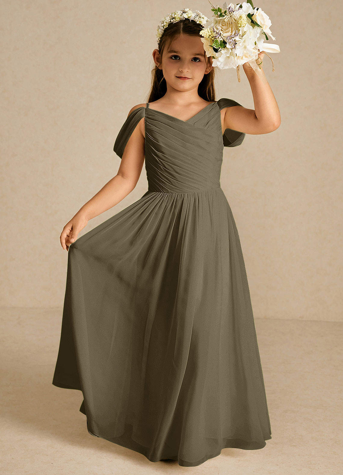 Azazie Chelle vestidos de niña de las flores Vestido de Verde Sauce de Gasa de Corte En A con Plisado image1