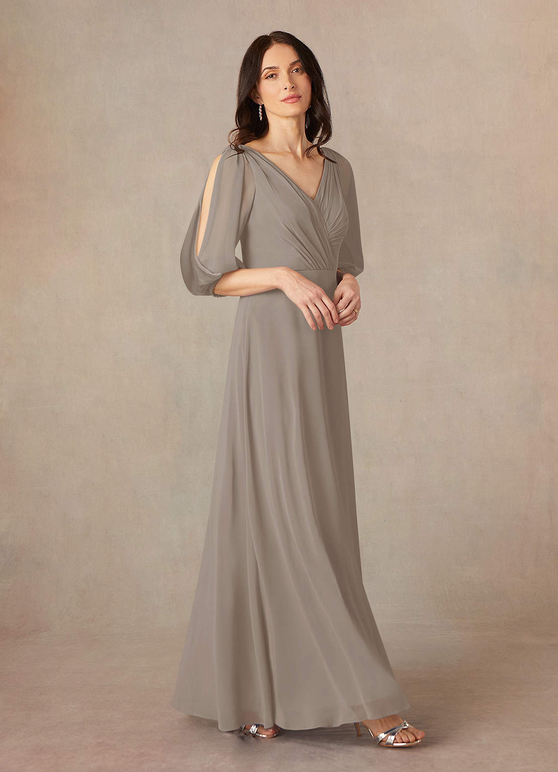 Azazie Bronwyn Mother of the Bride Dresses Taupe A-Line V-Neck Ruched Chiffon Dress image1