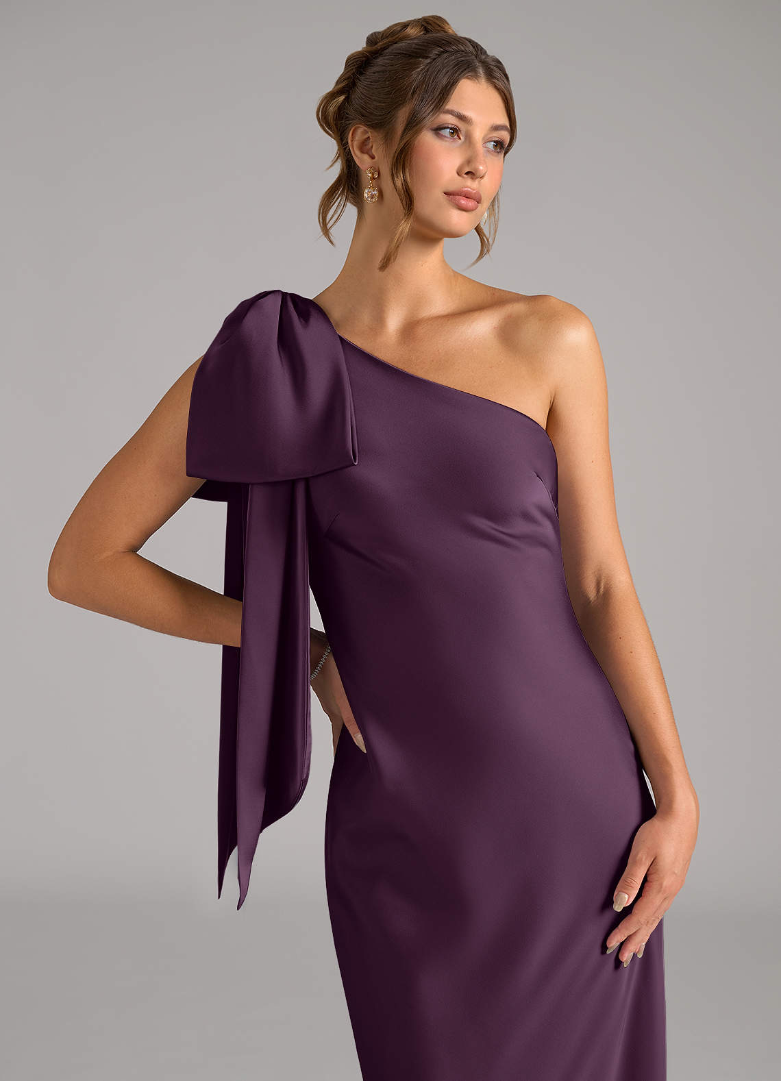 plum one shoulder bridesmaid dress Azazie Mermaid One-Shoulder Floor-Length Stretch Satin Bridesmaid Dresses