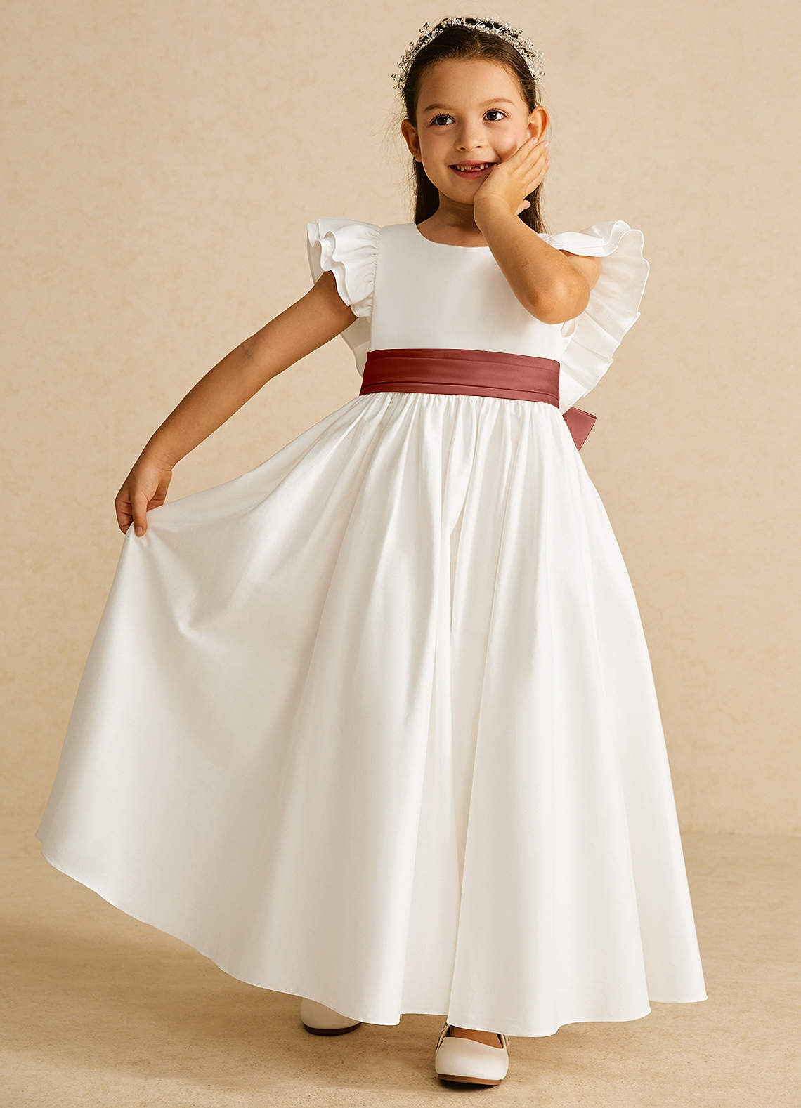 Azazie Aero Robe Demoiselle D'honneur Fillette Robe Trapèze en Coton Plissée Ivoire Auburn image5