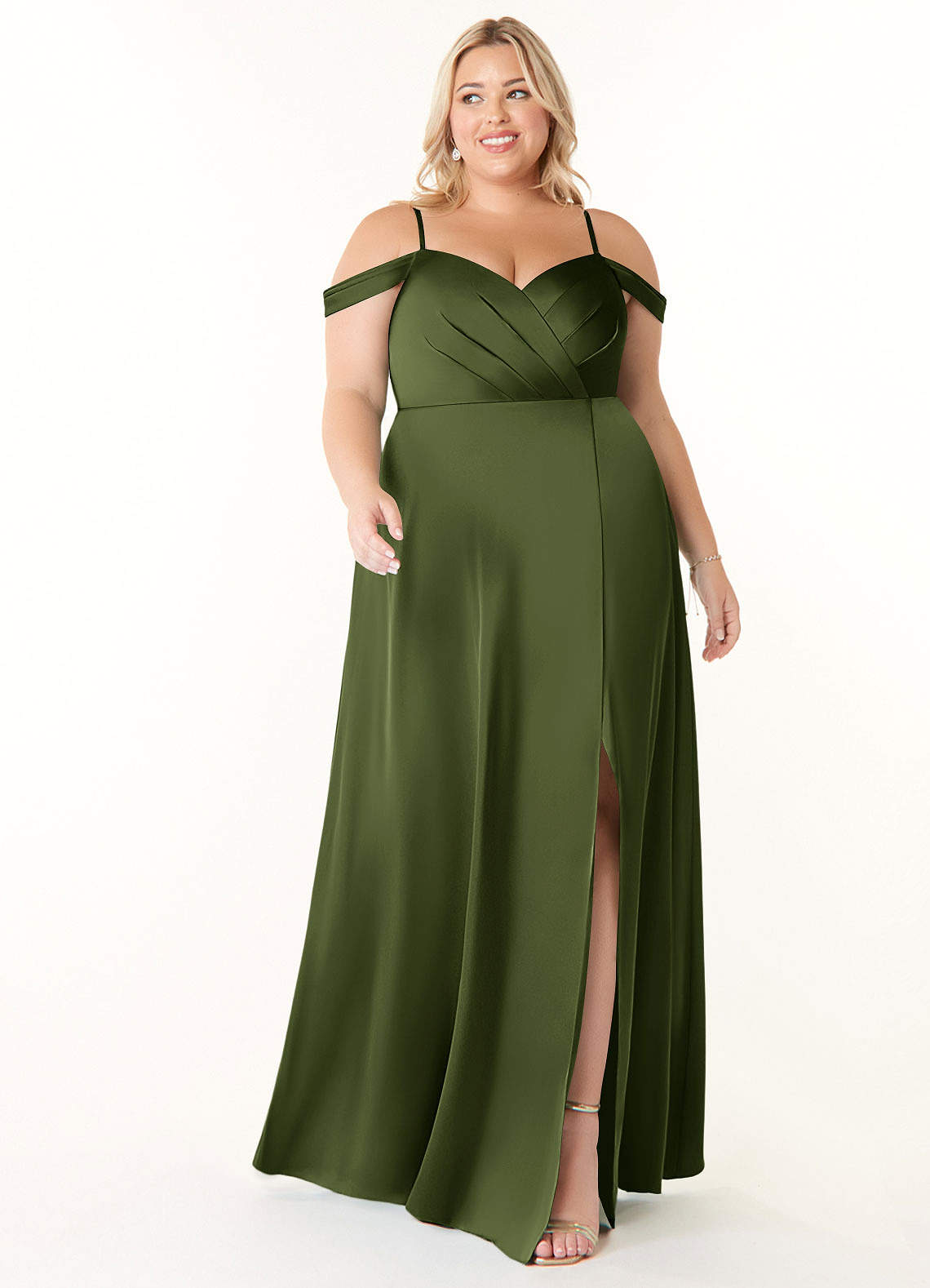 Azazie Ocean Bridesmaid Dresses Olive A-Line V-Neck Pleated Stretch Satin Dress image1
