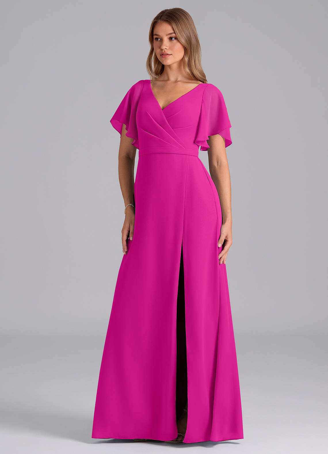 Azazie Ambrosia Vestidos de damas de honor Vestido de Fucsia de Gasa de Corte en A con Plisado image1