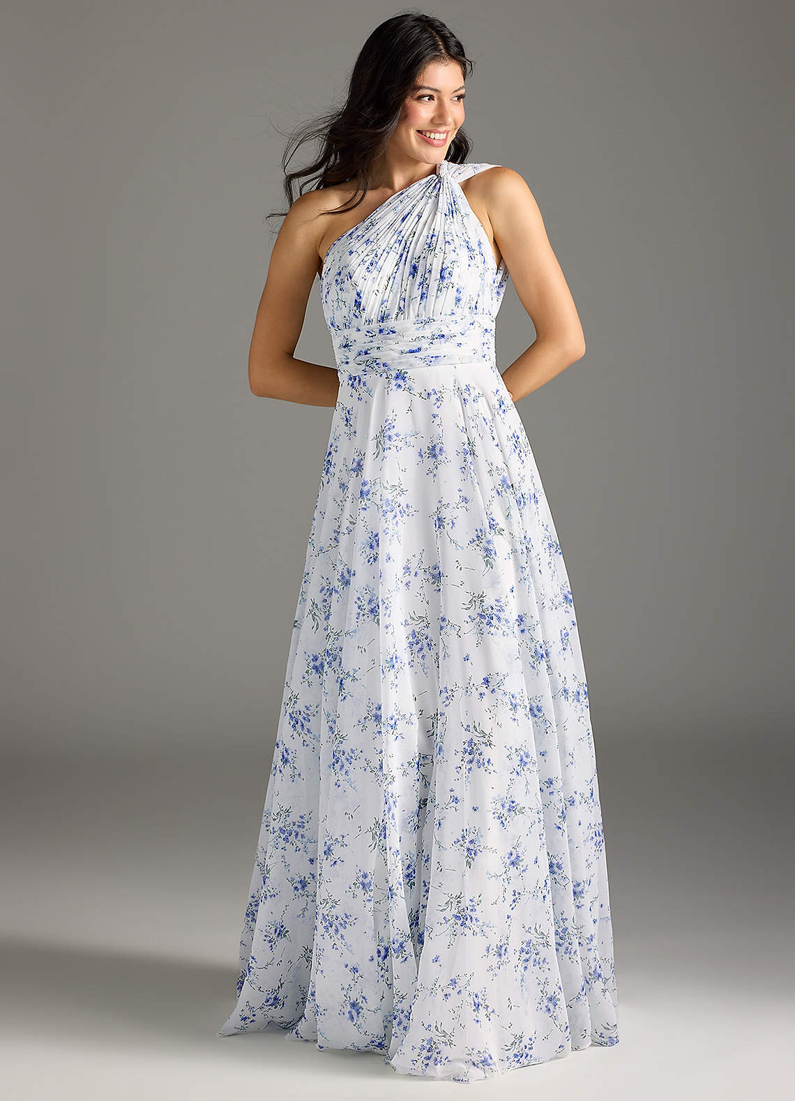 Azazie Charlize Jurken voor bruidsmeisjes Jurk van Chiffon met A-Lijn One-Shoulder Blauw Huisje Bloemen image1