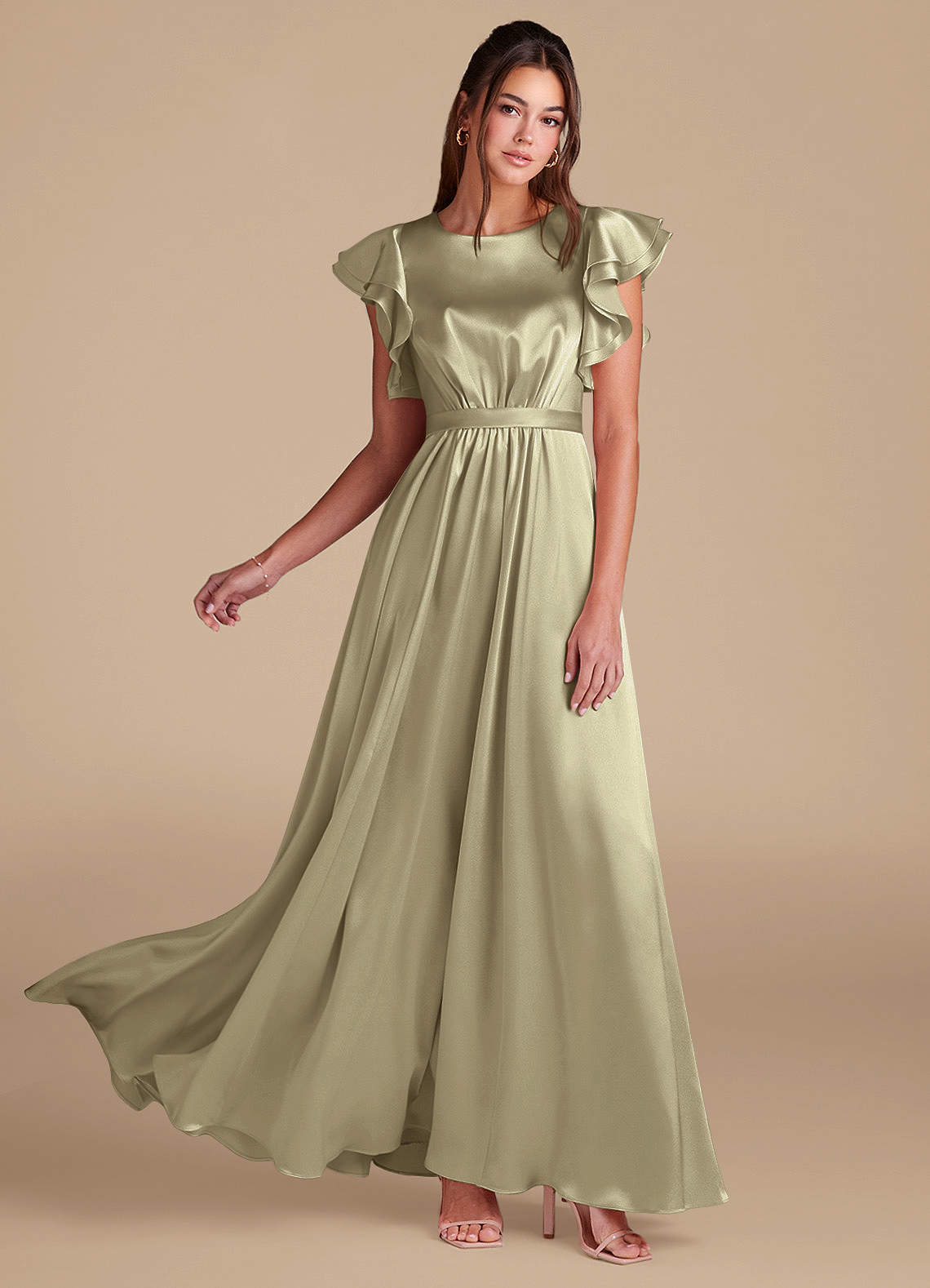 Azazie Daphne Modest Bridesmaid Dresses A-Line Ruched Metallic Satin Floor-Length Dress image1