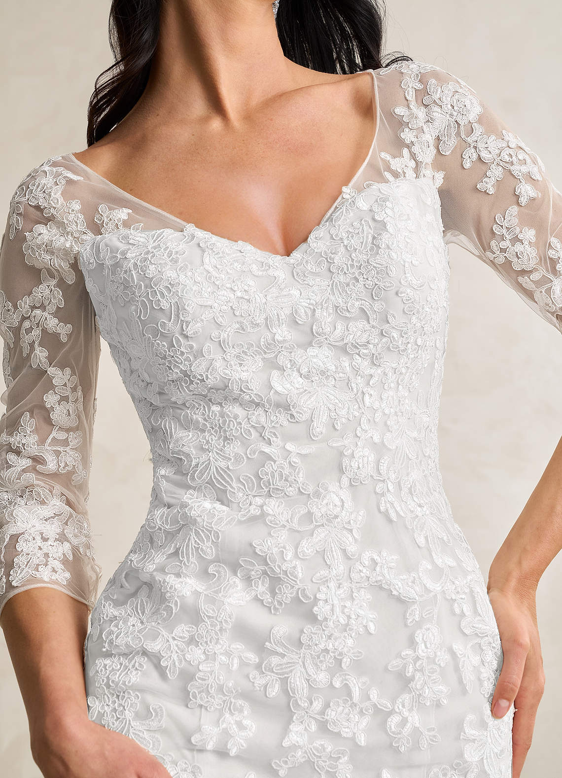 Azazie Neela Wedding Dresses Diamond White Mermaid V-Neck Lace Tulle Dress image7