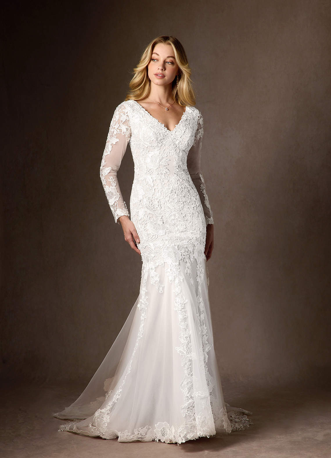 Azazie Dulce Amor Diamond White Mermaid V-Neck lace Tulle Dress