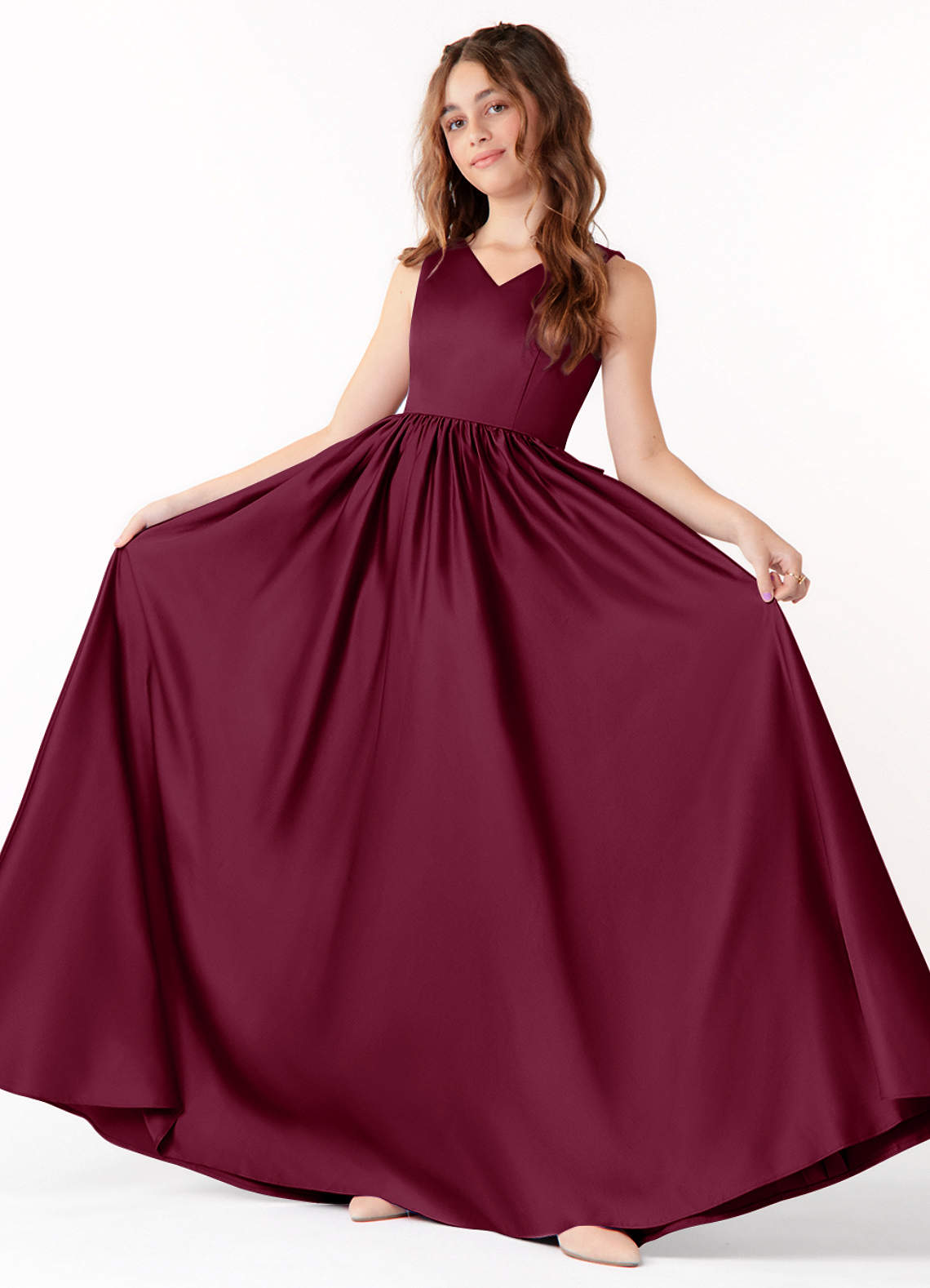 Azazie Hathaway Junior Vestido Amora de Cetim elástico de Linha A com Arco image1