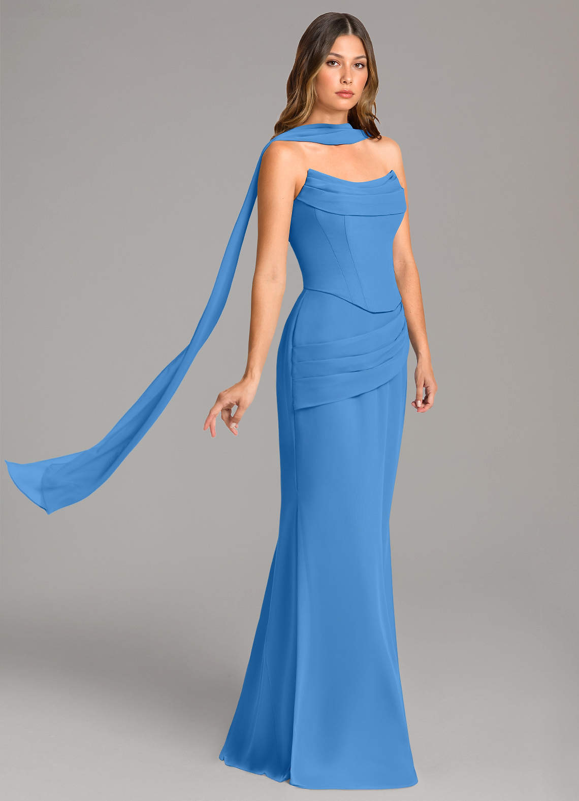Azazie Sorrel Vestidos de damas de honor Vestido de Azul Grisaceo de Gasa de Corte Sirena con Corsé image3