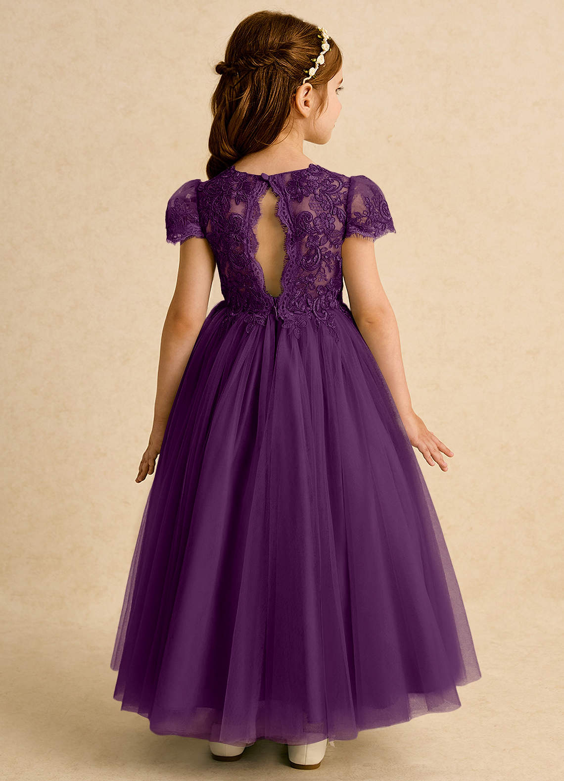 Azazie Puff Flower Girl Dresses Grape Ball-Gown Lace Tulle Dress image1