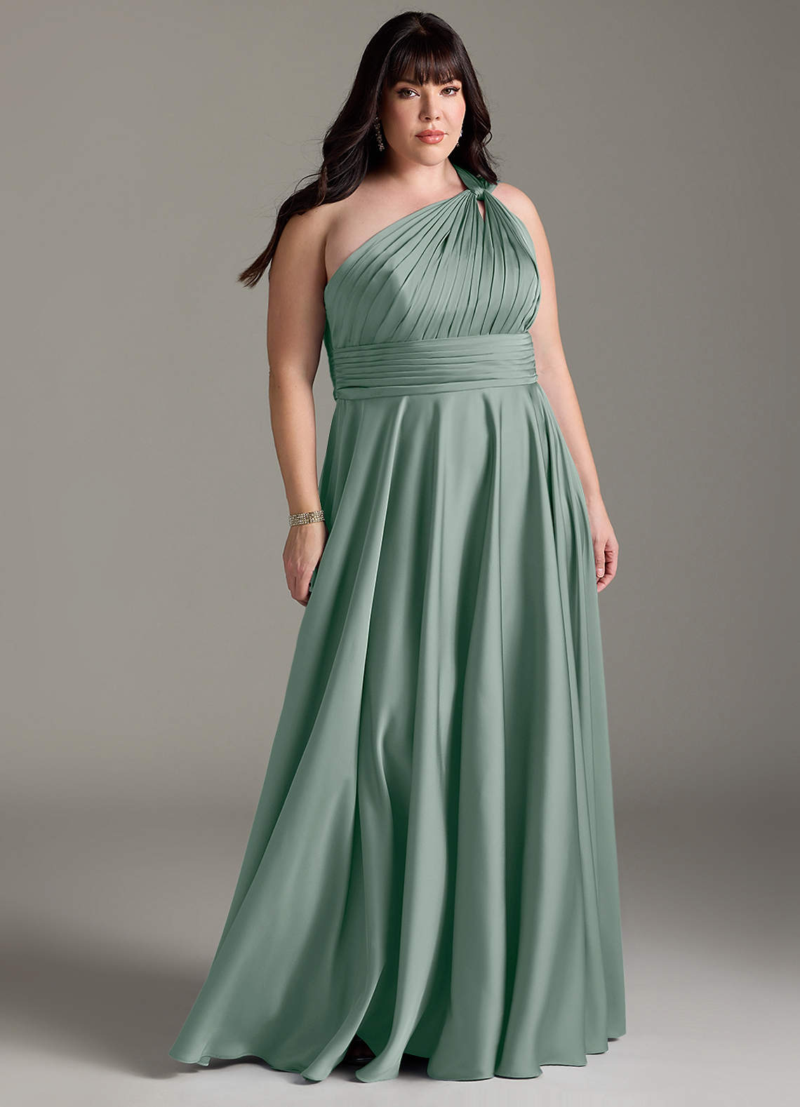 Azazie Charlize Bridesmaid Dresses Silver Sage A-Line One Shoulder Stretch Satin Dress image1