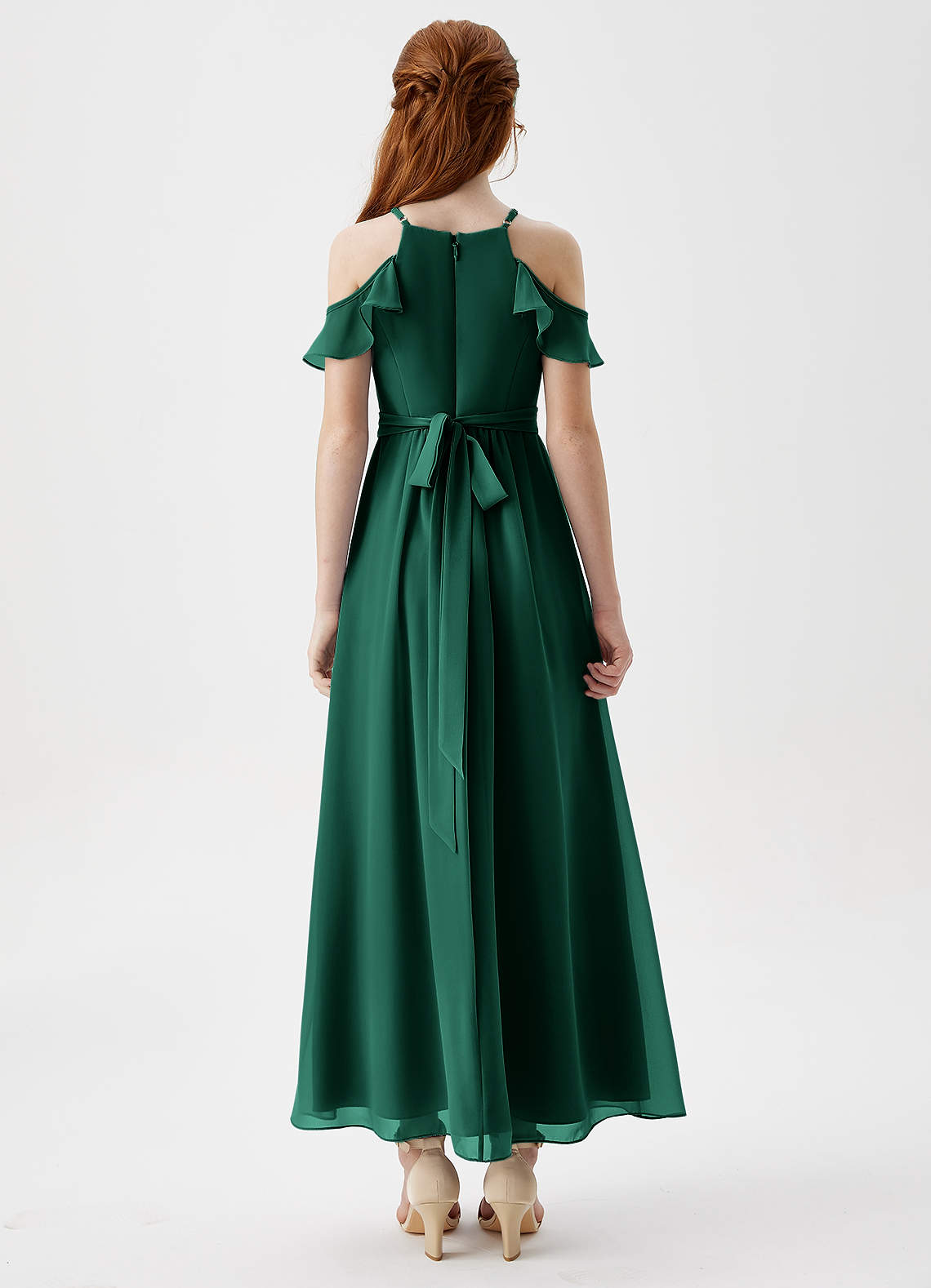 Azazie Chaya Junior Emerald A-Line Off the Shoulder Chiffon Dress image1