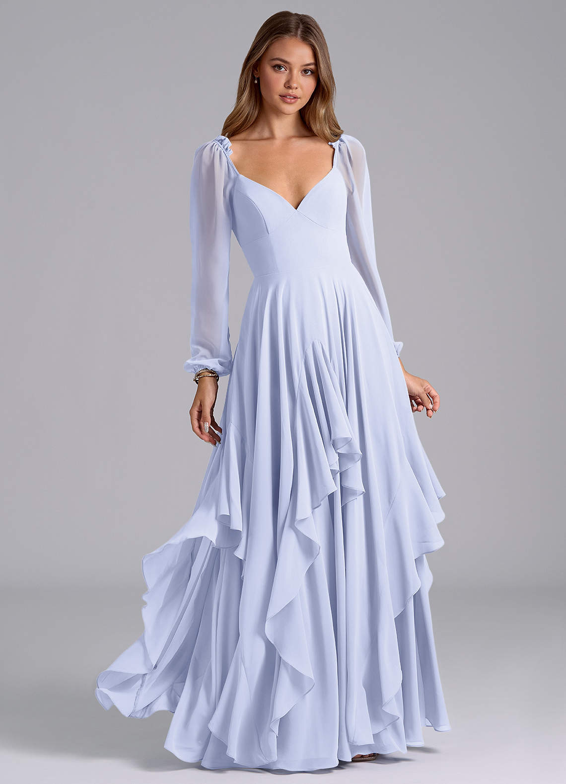 Azazie Karan Bridesmaid Dresses Lavender A-Line Long Sleeve Chiffon Dress image1