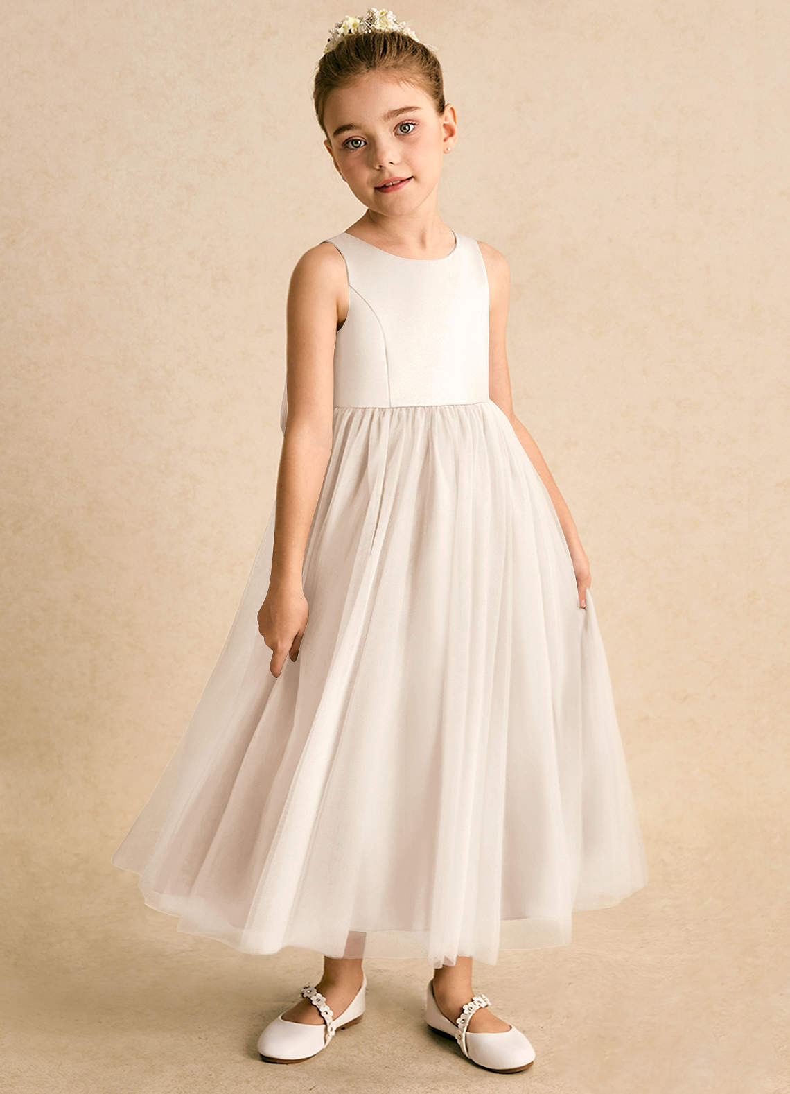 Azazie Solia Flower Girl Dresses White Alabaster Ball-Gown Bow Tulle Dress image3