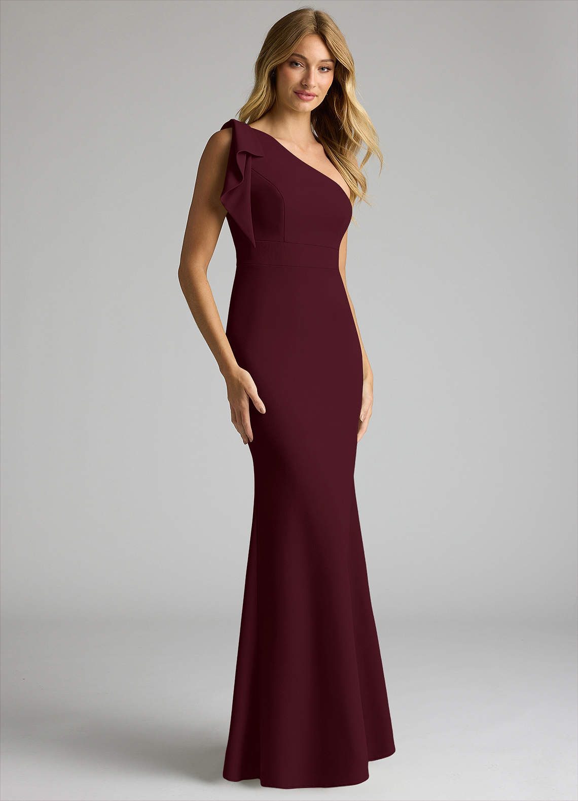 Azazie Rinna Bridesmaid Dresses Cabernet Mermaid One Shoulder Stretch Crepe Dress image1