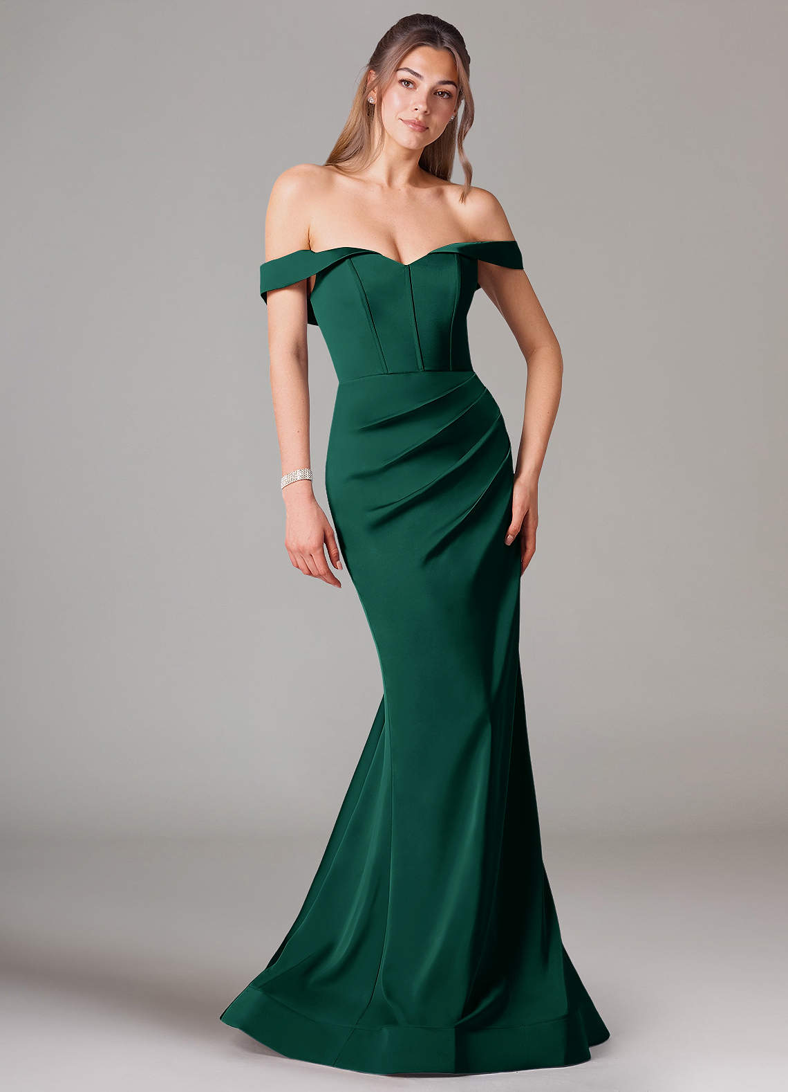 Azazie Everly Bridesmaid Dresses Emerald Mermaid Off the Shoulder Stretch Satin Convertible Dress image1