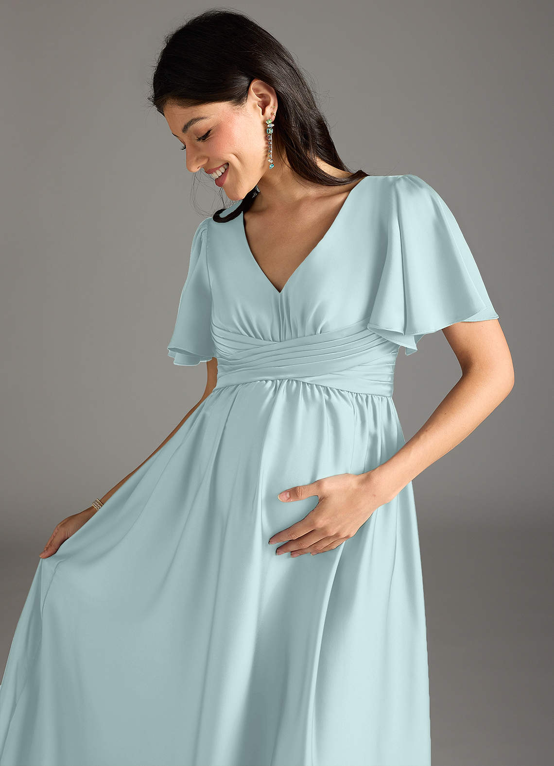 Azazie Verna vestidos de dama de honor de maternidad Vestido de Corte En A Volante Hasta el suelo Satén Elástico image1