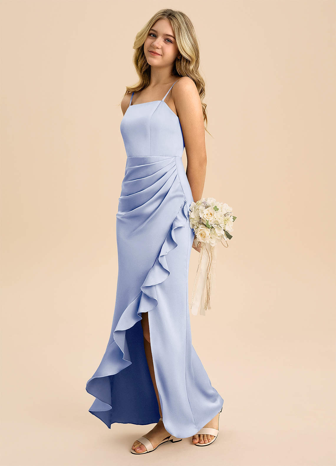 Azazie Buzzy Junior Vestido Gelo de Cetim elástico de Bainha com Plissado image5