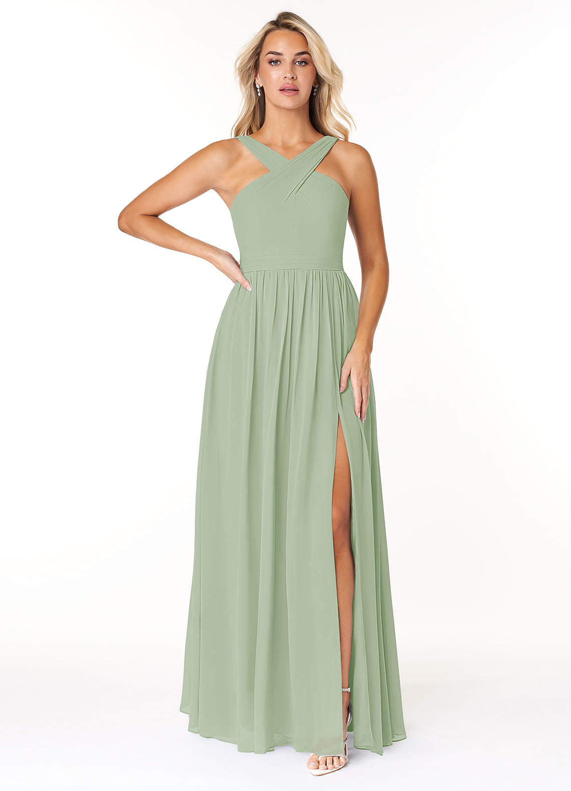 Azazie Elvira Bridesmaid Dresses Dusty Sage A-Line Pleated Chiffon Dress image1