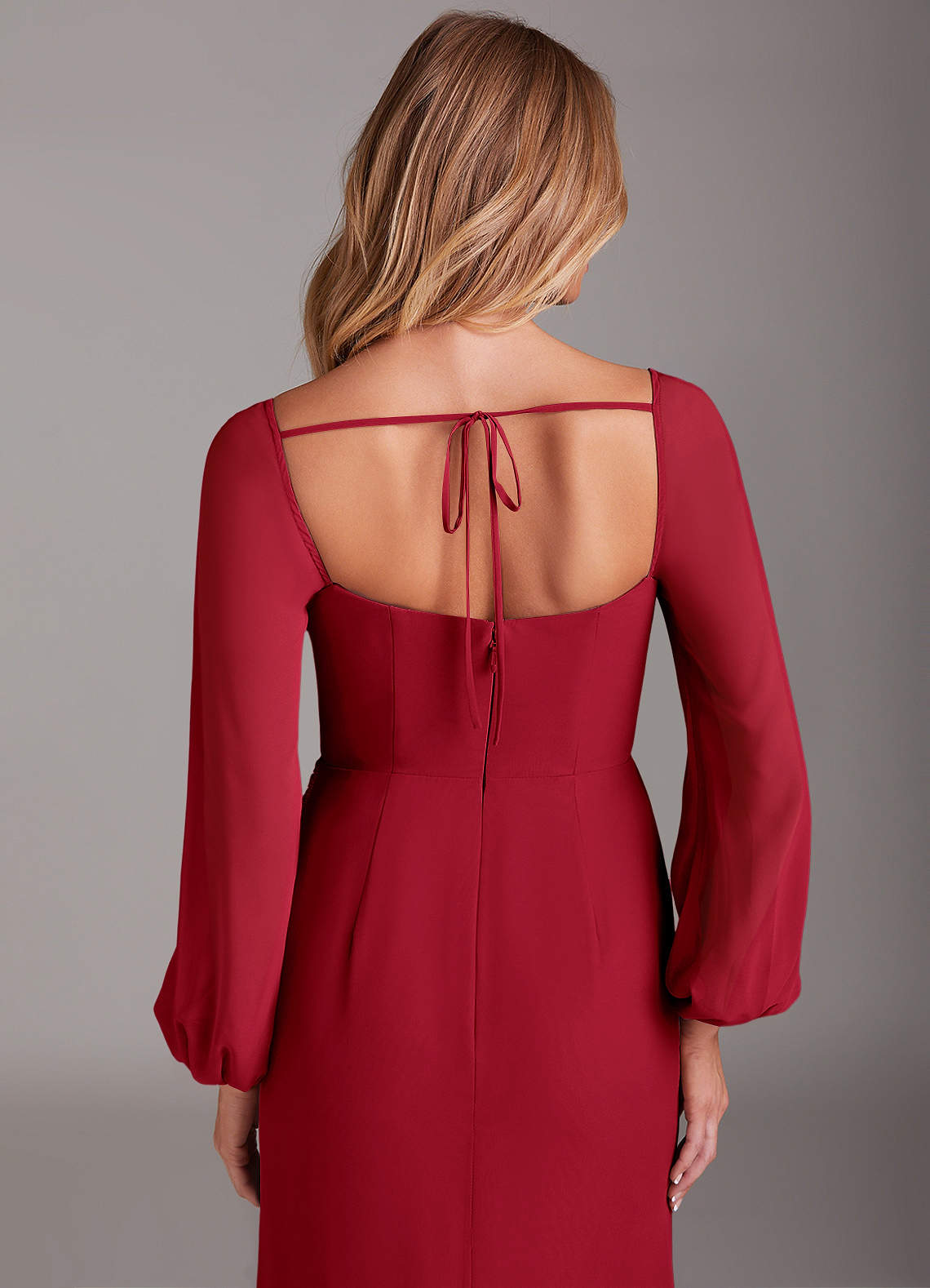 Azazie Sheath Cowl Neck Long Sleeve Floor-Length Chiffon Bridesmaid Dresses - Scarlet